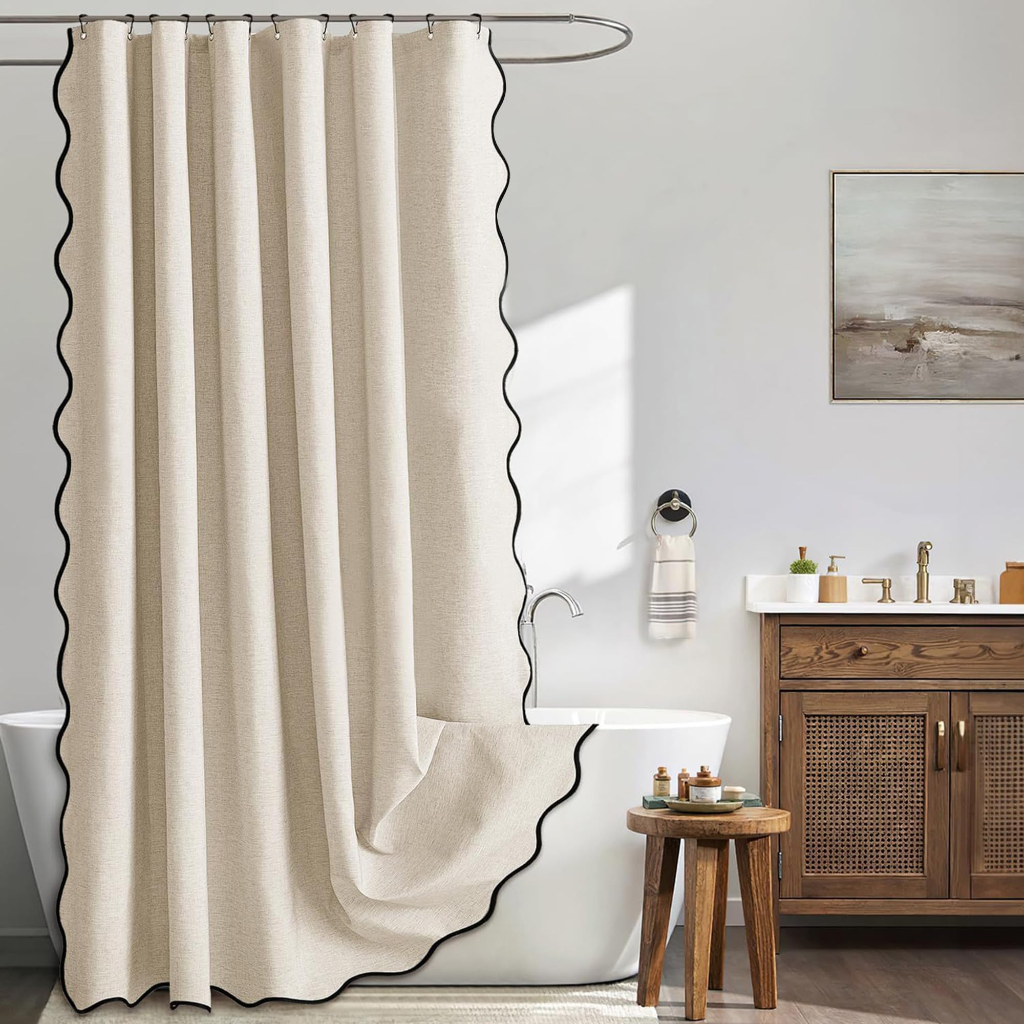 Kavier Toile - Cortina de ducha con estructura de lino sintético, resistente al agua y diseño de tela gruesa, incluye 12 ganchos de metal inoxidable, 180 x 180 cm, decoración de baño, borde beige