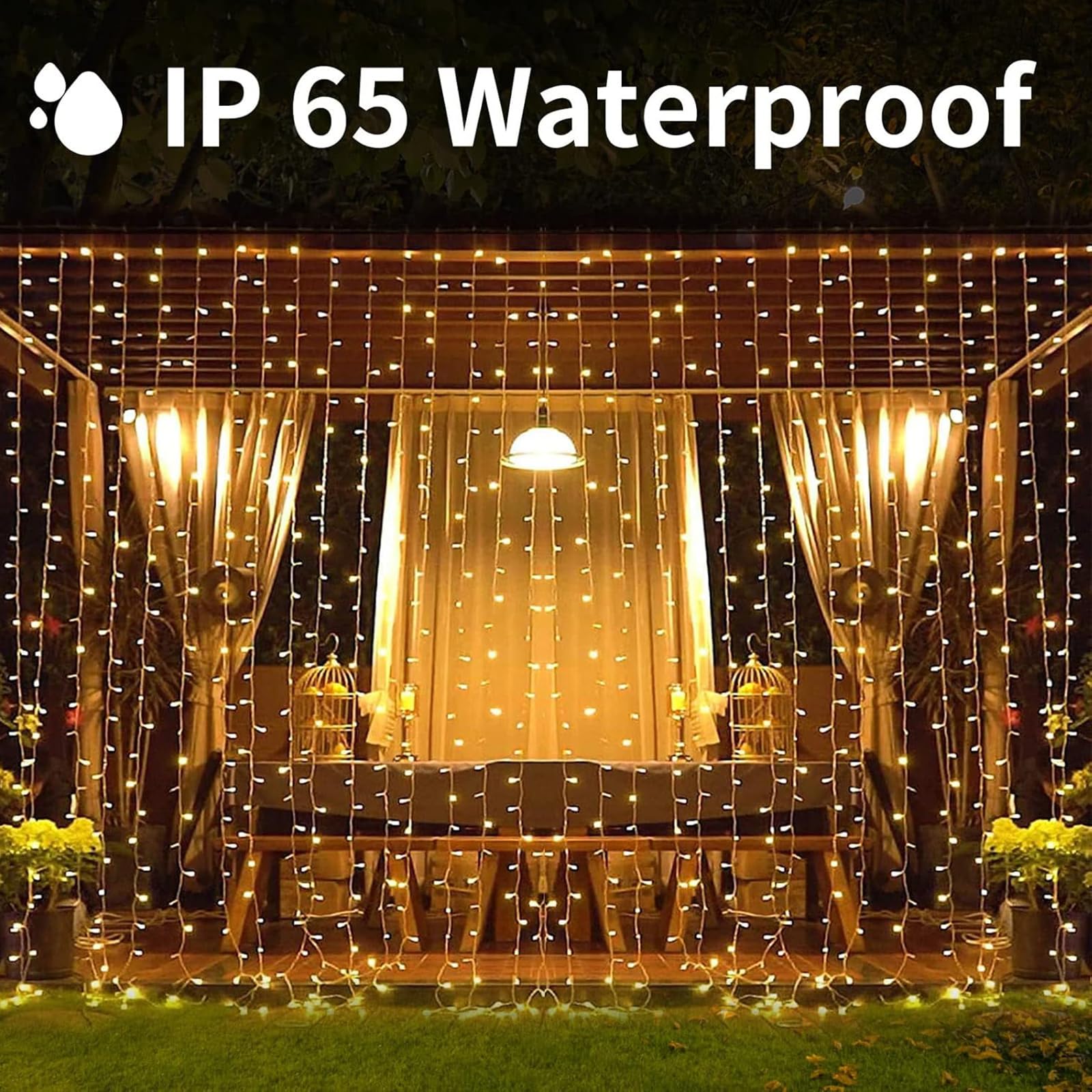 XINXIANLIAN 300LED Solar Curtain Lights Outdoor Indoor 8 Modes Solar Fairy Curtain String Lights Waterproof Twinkle Lights for Home Garden Patio Gazebo(): Warm White