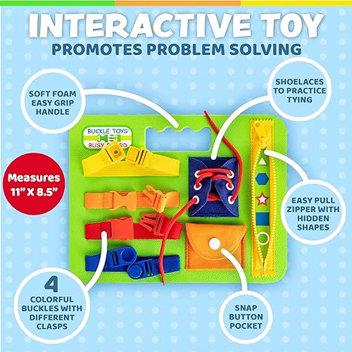 Miniatura 3 de Buckle Toys Juguete de bebé Busy Board, aprende a ajustar, cerrar la cremallera, amarrar los cordones para zapatos y hebilla