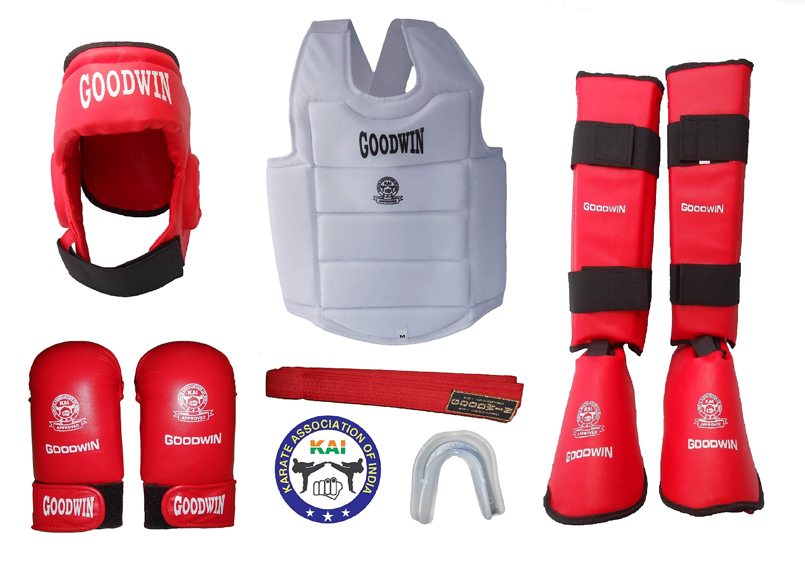 Kai Approved Goodwin Karate Safety Kit - Pack of - Head Guard, Chest Guard, Shin Guard, Hand Gloves-Size - Medium - Color - Red