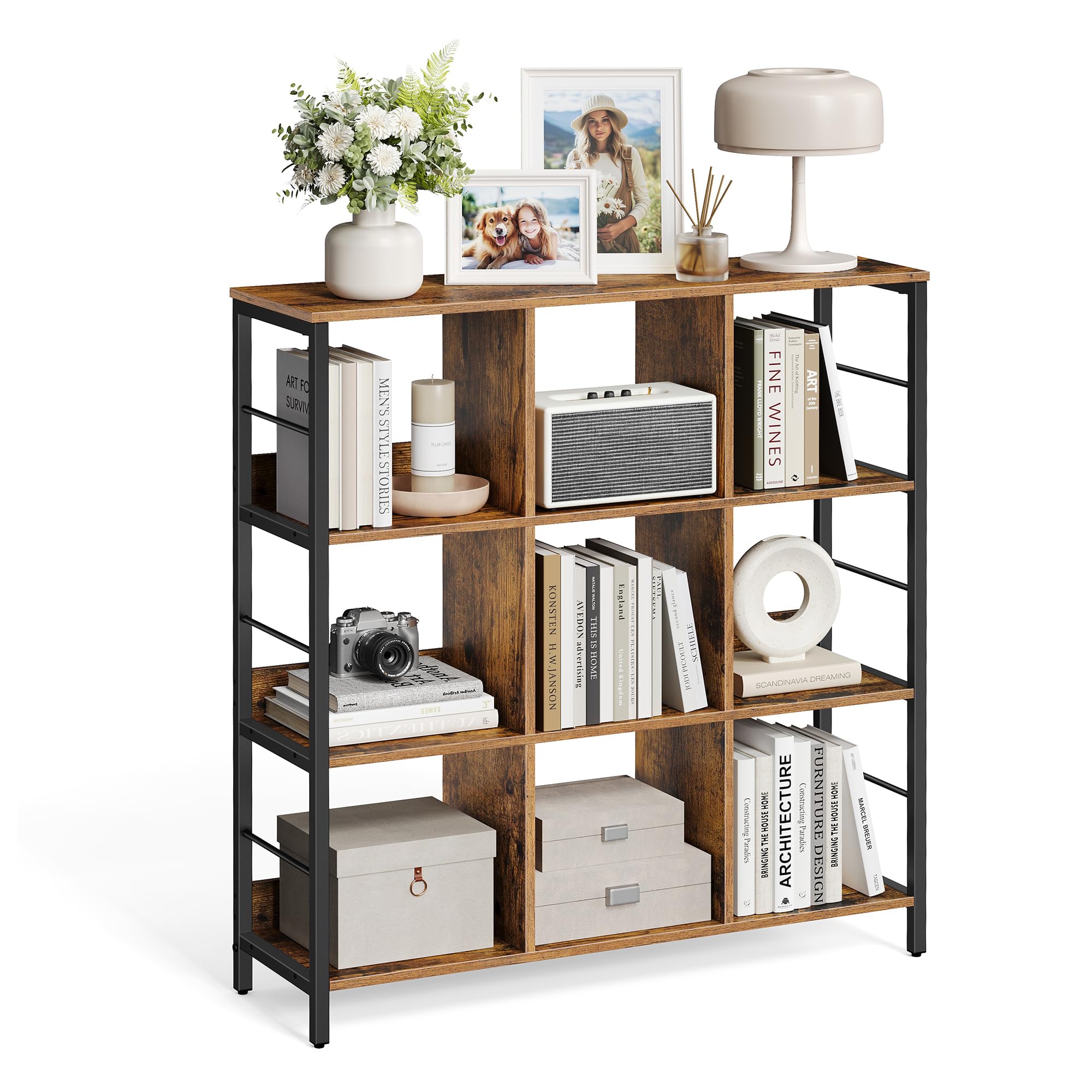 VASAGLE Estantería de Almacenamiento de 3 Niveles, Librería, Estantería Independiente con 9 Compartimiento, Salón, Estudio, Cocina, 30 x 100 x 103,1 cm, Marrón Rústico y Negro LLS112B01