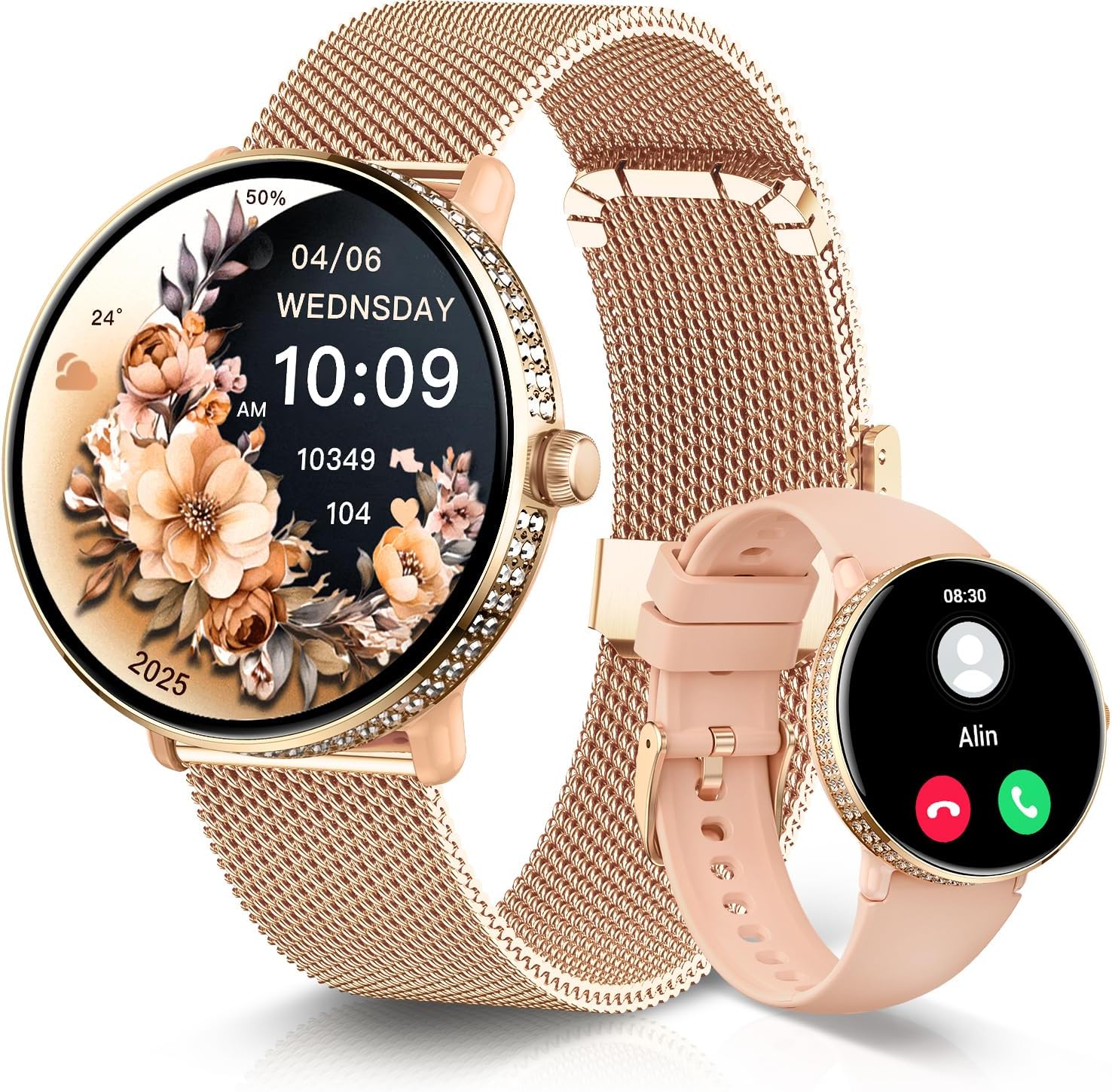 Smart Watches for Women, 1.19″ AMOLED Smart Watch Answer/Make Calls, IP68 Fitness Trackers with Sleep Heart Rate SpO2 Blood Pressure Monitor Female Cycle, Smartwatch for iOS Android, 2 Bands