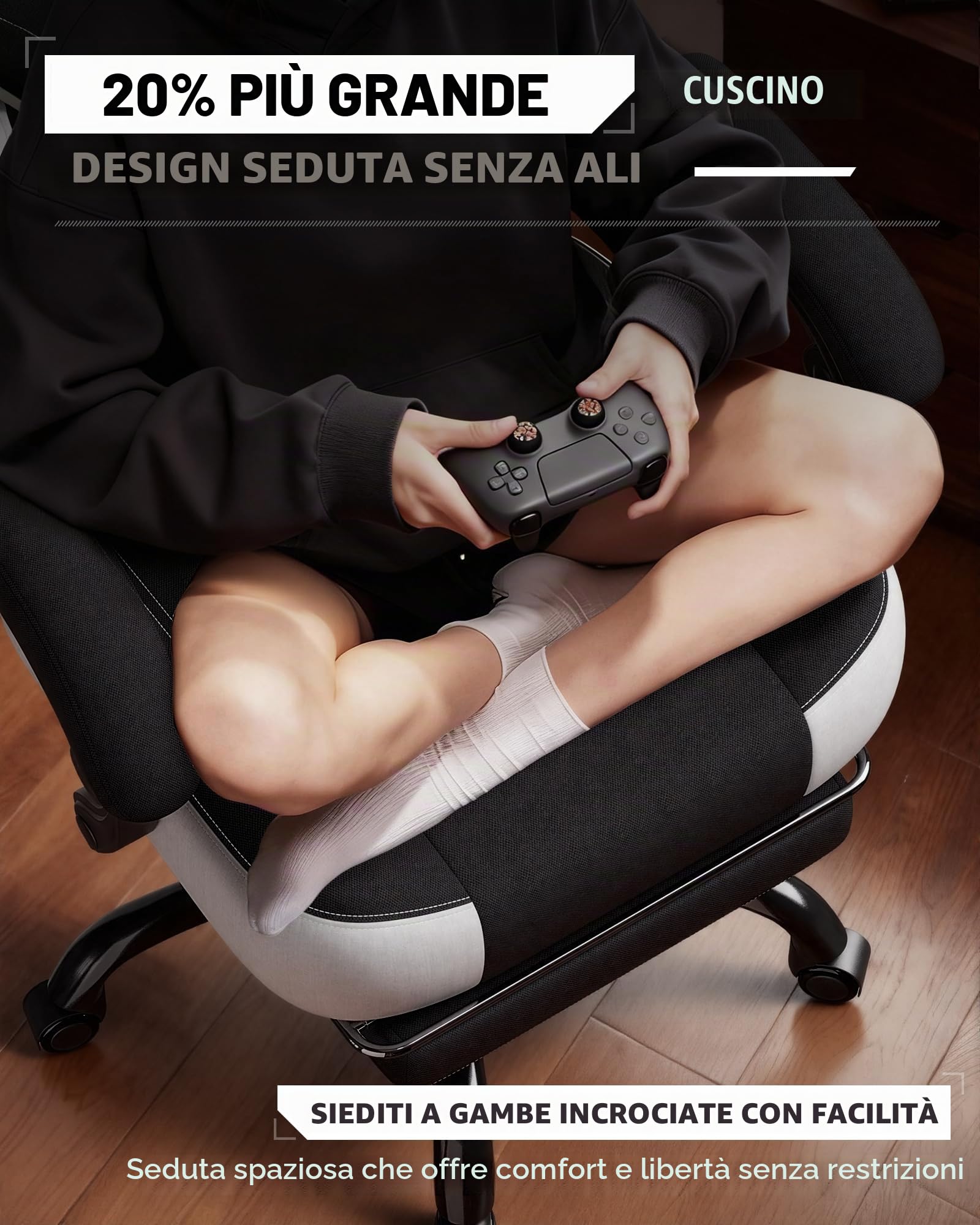 LUCKRACER - Sedia da gaming in tessuto, sedia da ufficio con braccioli collegati, cuscino in memory foam, angolo di inclinazione 90–155° e poggiapiedi, tessuto funzionale resistente, nero