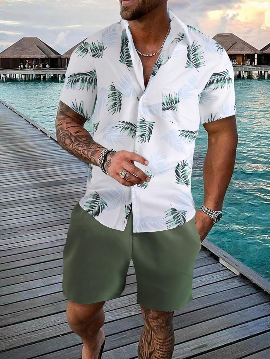 Verdusa Men's 2 Piece Outfit Tropical Print Button Front Shirt and Drawstring Waist Short Sets