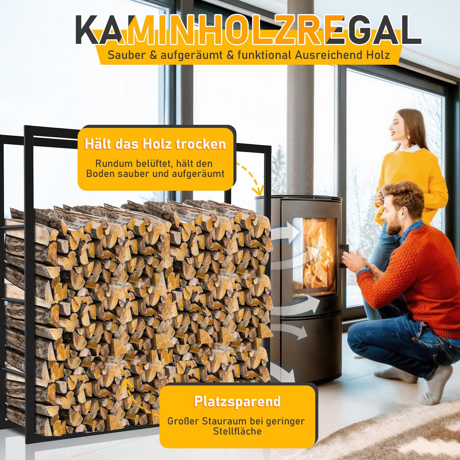 Ikodm Estantería de madera para chimenea - Metal - 100 x 25 x 150 cm - Almacenamiento de leña - Cobertizo exterior - Negro