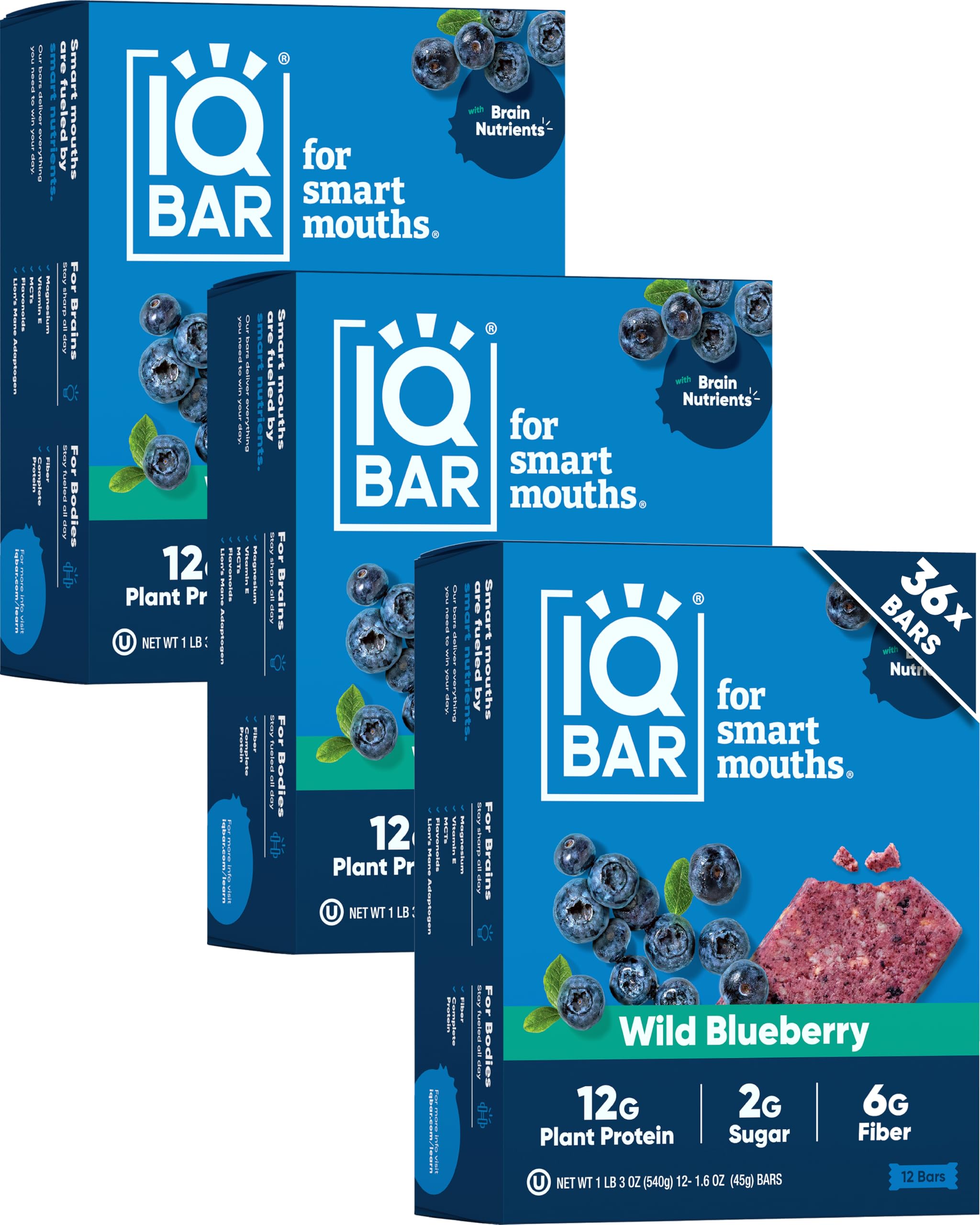 IQ BAR Brain and Body Plant Protein s - Wild Blueberry - 36 Count, Low Carb, High Fiber, Gluten Free, Healthy Vegan Snacks - Low Sugar Keto Pack