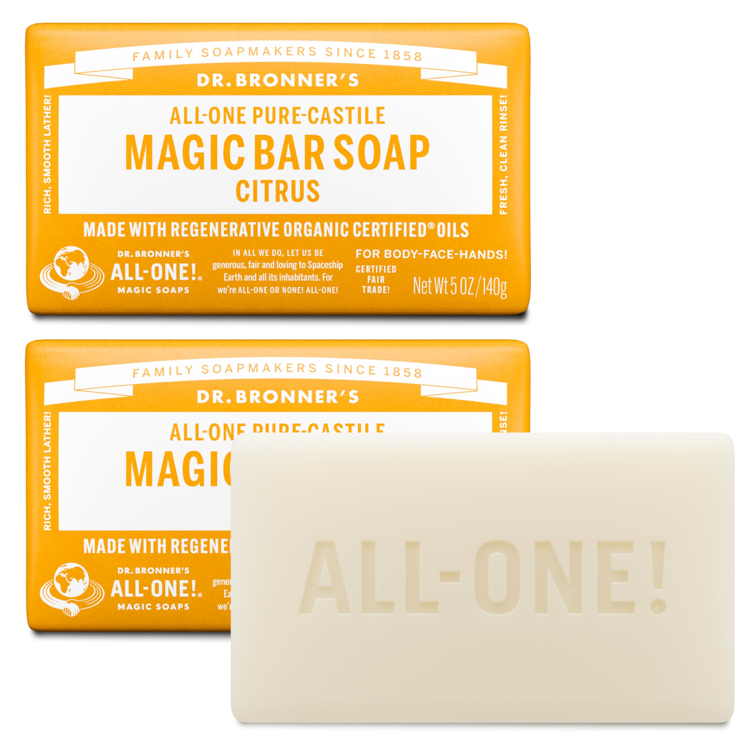 Dr Bronners Pure-Castile Magic Bar Soaps - Made with Regenerative Organic Certified Oils - For Face Body Hair-