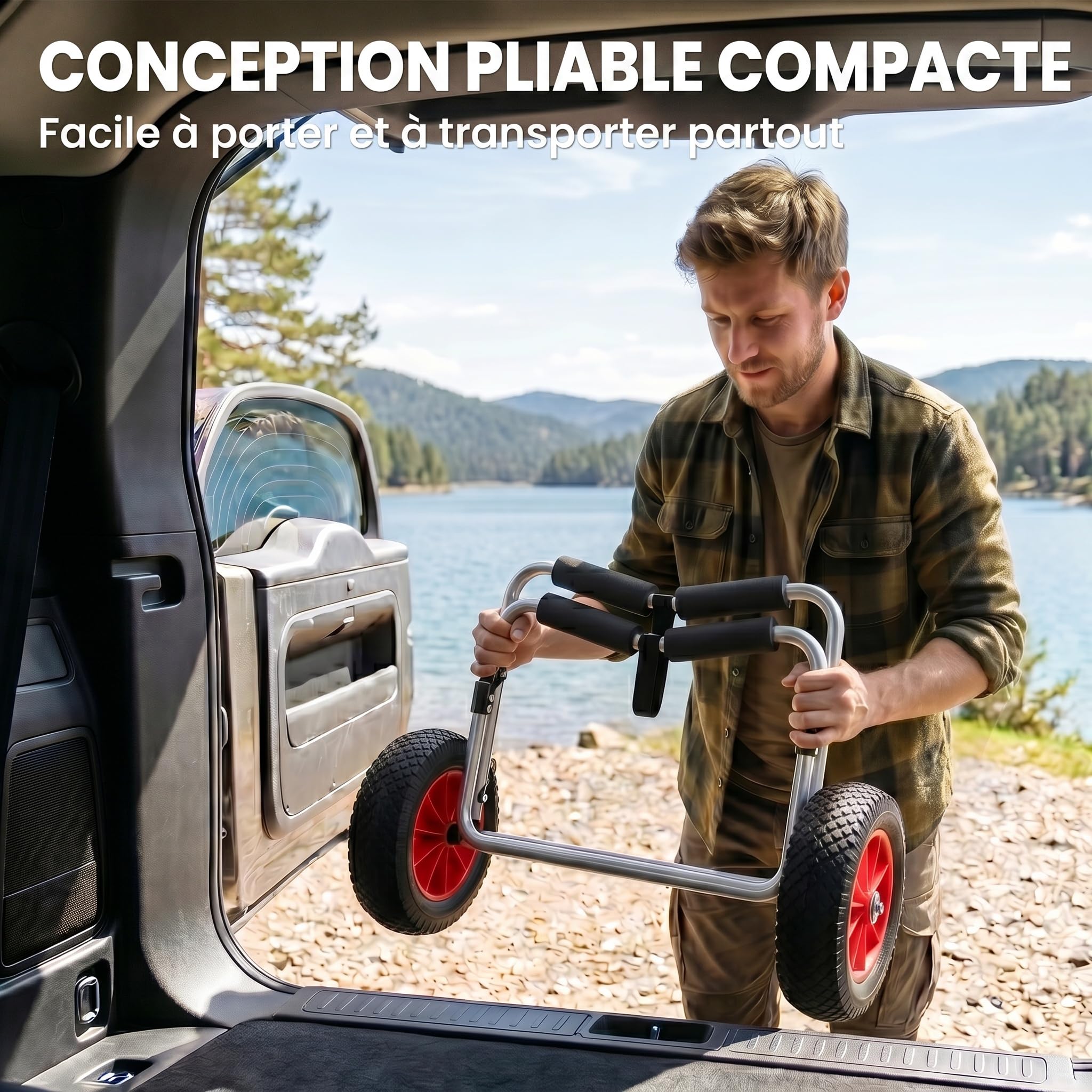HOMCOM Chariot de transport trolley pour kayak, stand-up paddle, canoë avec sangle, grandes roues et cadre en aluminium dim. 70L x 40L x 42H cm noir et rouge
