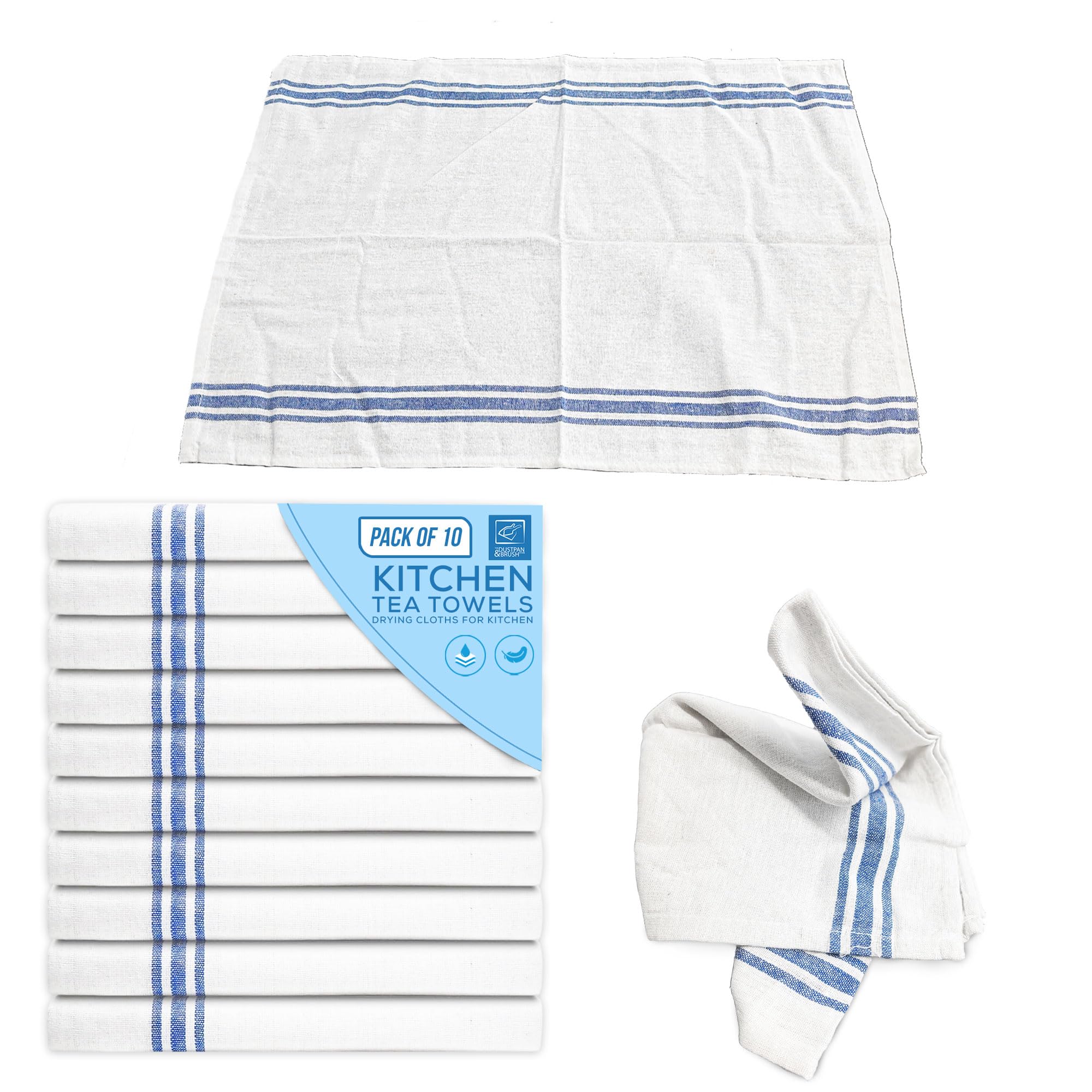 TDBS The Dustpan and Brush Store Professional Tea Towels for Drying Glass Plates & Cutlery - 50cm x 70cm Cotton Kitchen Towel Set, Dish Cloth Absorbent Fibres, TeaTowels - Pack of 10