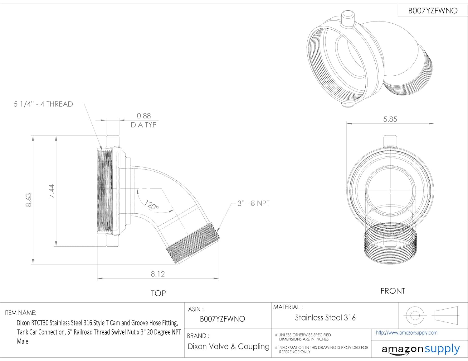Dixon RTCT30 Stainless Steel 316 Style T Cam and Groove Hose Fitting, Tank Car Connection, 5" Railroad Thread Swivel Nut x 3" 20 Degree NPT Male