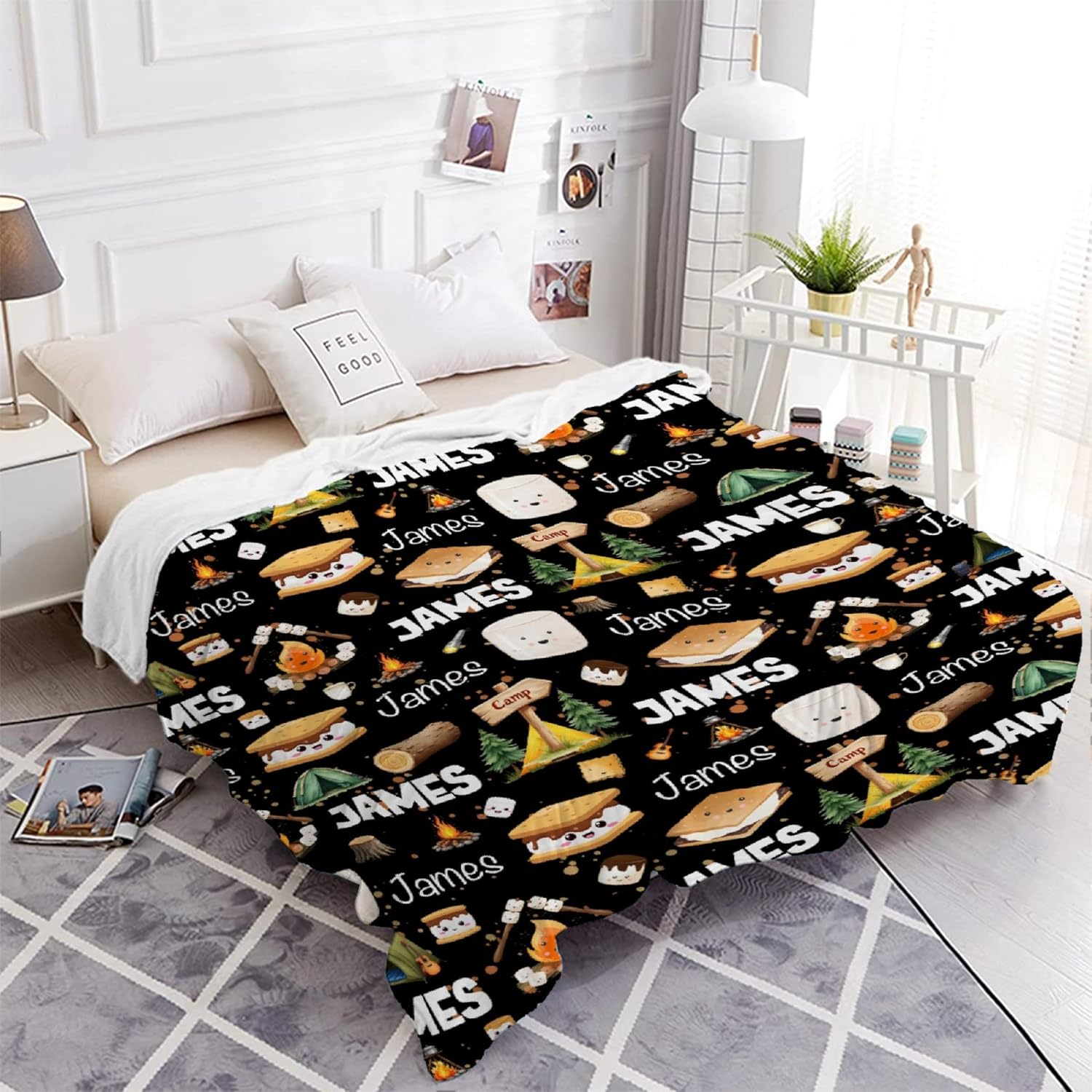 Custom Marshmallow Blanket with Name | Personalized Camping Blanket for Girls Boys | Ultra Soft Customized S'Mores Throw for Couch/Sofa/Travel/Camping Home Decor - 50"x60"-Teens/Travel Size