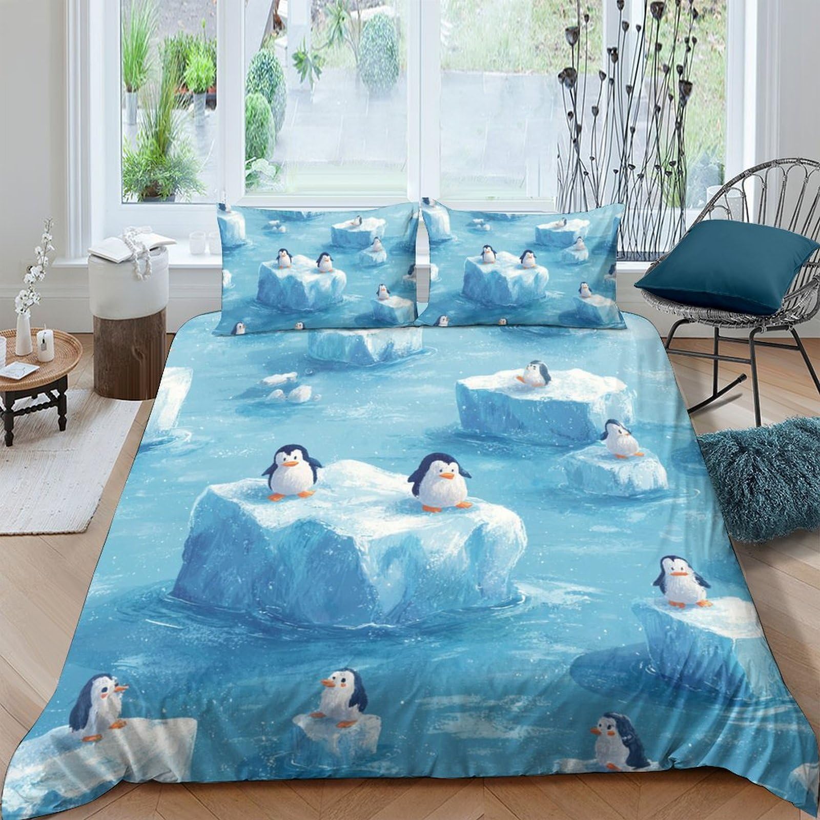 Ctjqhvkz Style-9 3D Printed Penguin Iceberg Fitted Sheet Microfiber Soft Blue Bed Cover For Bedroom Guestroom Decor Protection Single（135X200cm）