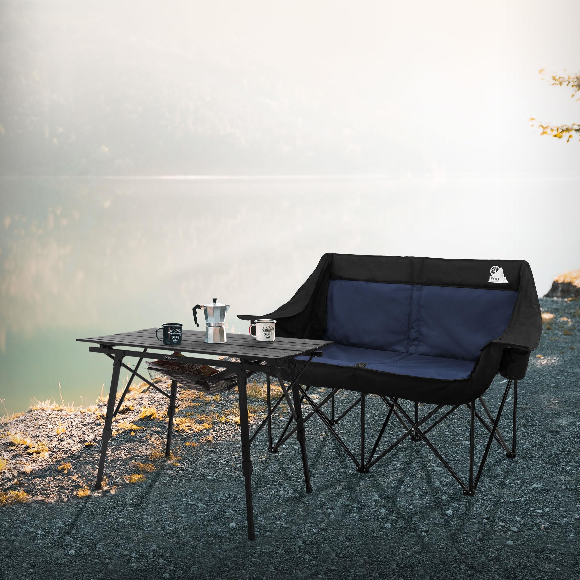 ECD Germany Campingstuhl faltbar für 2 Personen, Campingsofa klappbar 2-Sitzer, Doppel Klappstuhl mit Stahlgestell, Faltsofa gepolstert, Campingcouch stabil für Outdoor Camping und Angeln, Blau/Khaki