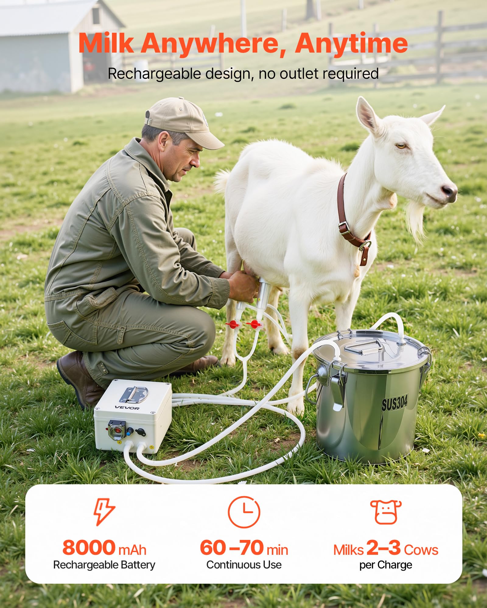 VEVOR Goat Milking Machine, 3.2 Gal / 12 L Food-Grade Stainless Steel Bucket, 4 Teat Cups for Cows and Goats, with 8000 mAh Rechargeable Battery, Electric Pulsation Milking Machine Portable Milker - 3