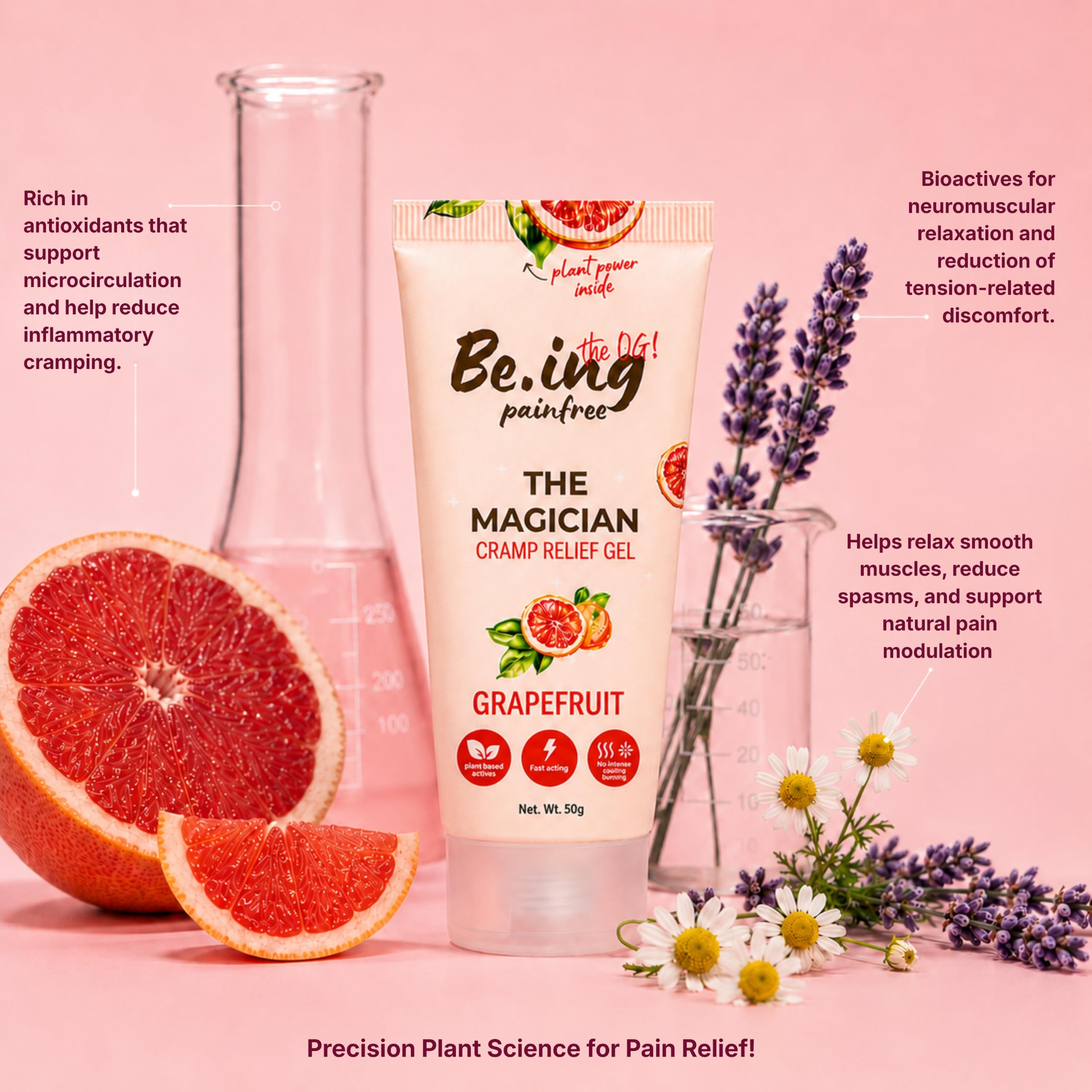 Be.ing painfree THE MAGICIAN Cramp Relief Gel -50gm| Starting 15 Seconds| 100% Plant Actives| 100% Safe| Zero Irritation| No Burns| For Cramps, Back, Legs and All Muscular Pains| Grapefruit 4