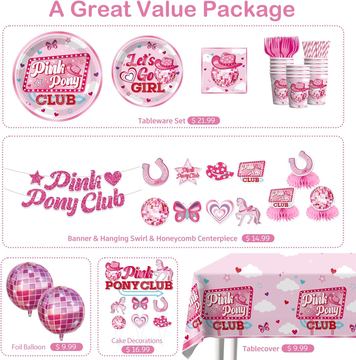 Pink Pony Club Decorations with Cake Topper, 25 Serves pink pony club Disposable Tableware Set, with 2pcs Table Cloth, Banner, for Disco Cowgirl and Bachelorette Party Decorations