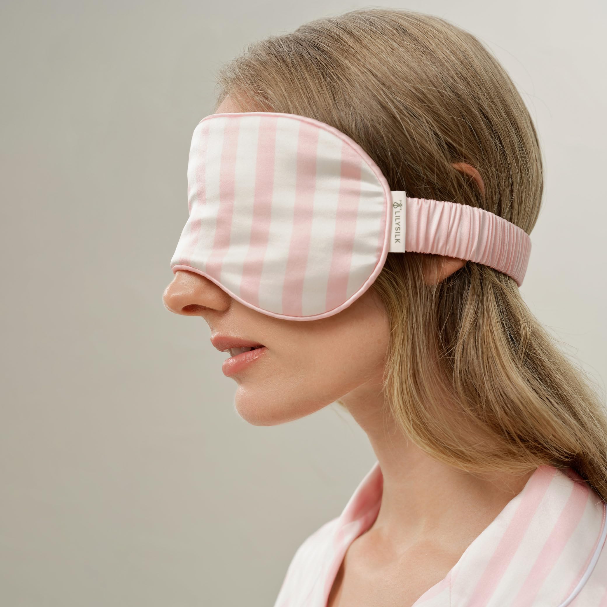 LILYSILK 100% Seiden Streifen Schlafmaske in Valentinszeit Reine Seiden Weiche Schlafbrille Lichtblocker für Reisen Nickerchen, Hellrosa & Weiß Gestreift