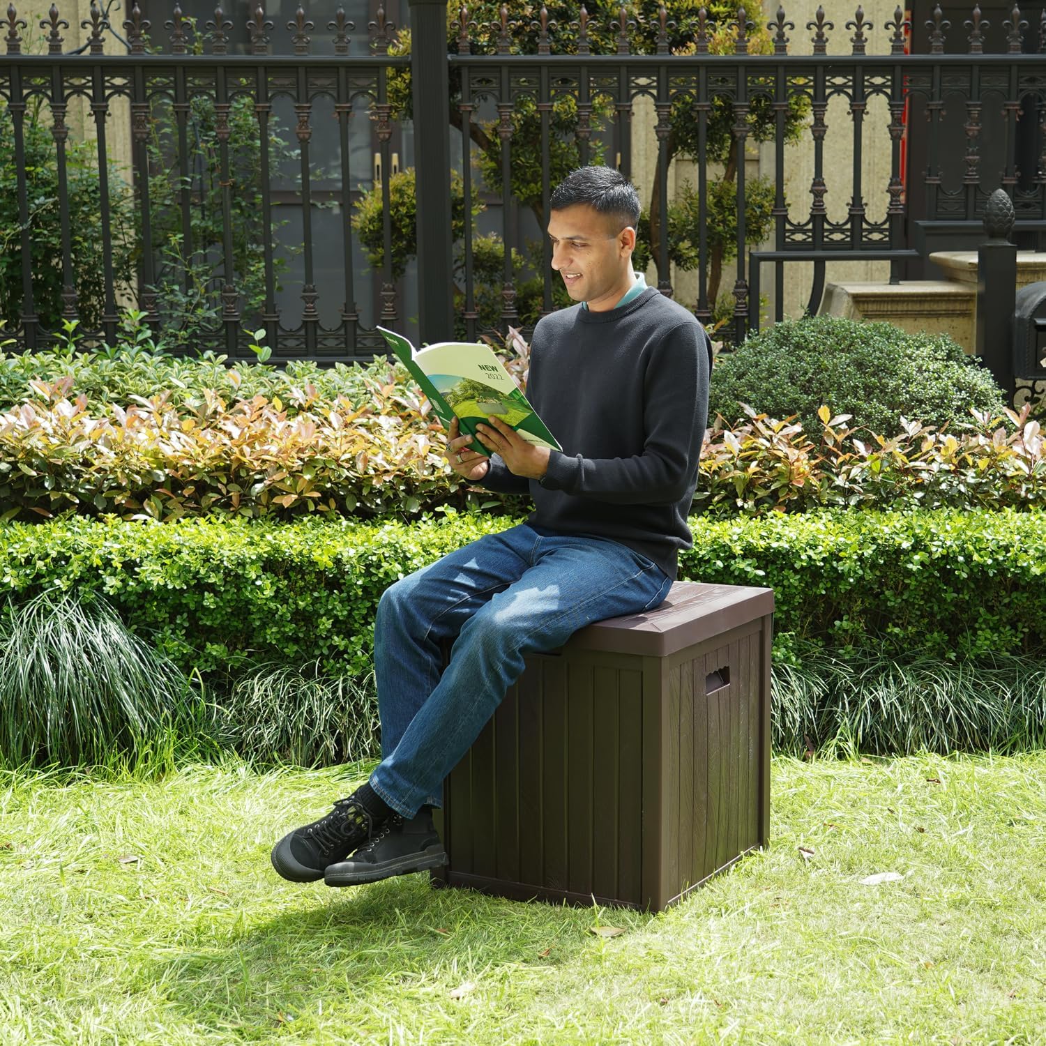 EHHLY Deck Box, 51 Gallon Front Porch Package Bin Delivery Box for Outside, Small Patio Outdoor Storage Boxes Waterproof, UV Resistant Plastic Resin Pool Storage Bins with lids, Brown