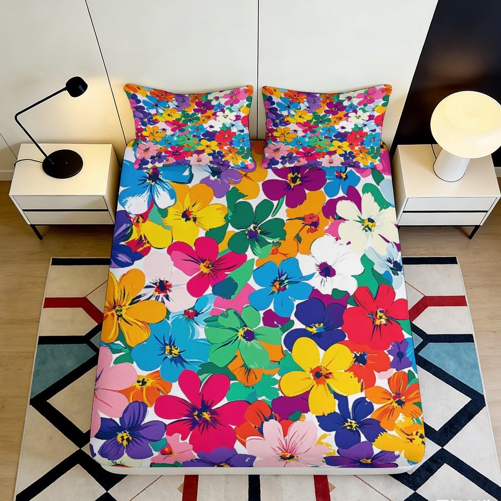 Qjzxknhpgr Style-1 3D Printed Colorful Floral Fitted Sheet Microfiber Soft Anti-Slip Multi-Scene Bed Sheet For Bedroom Guest Room Decor 90X200x25cm