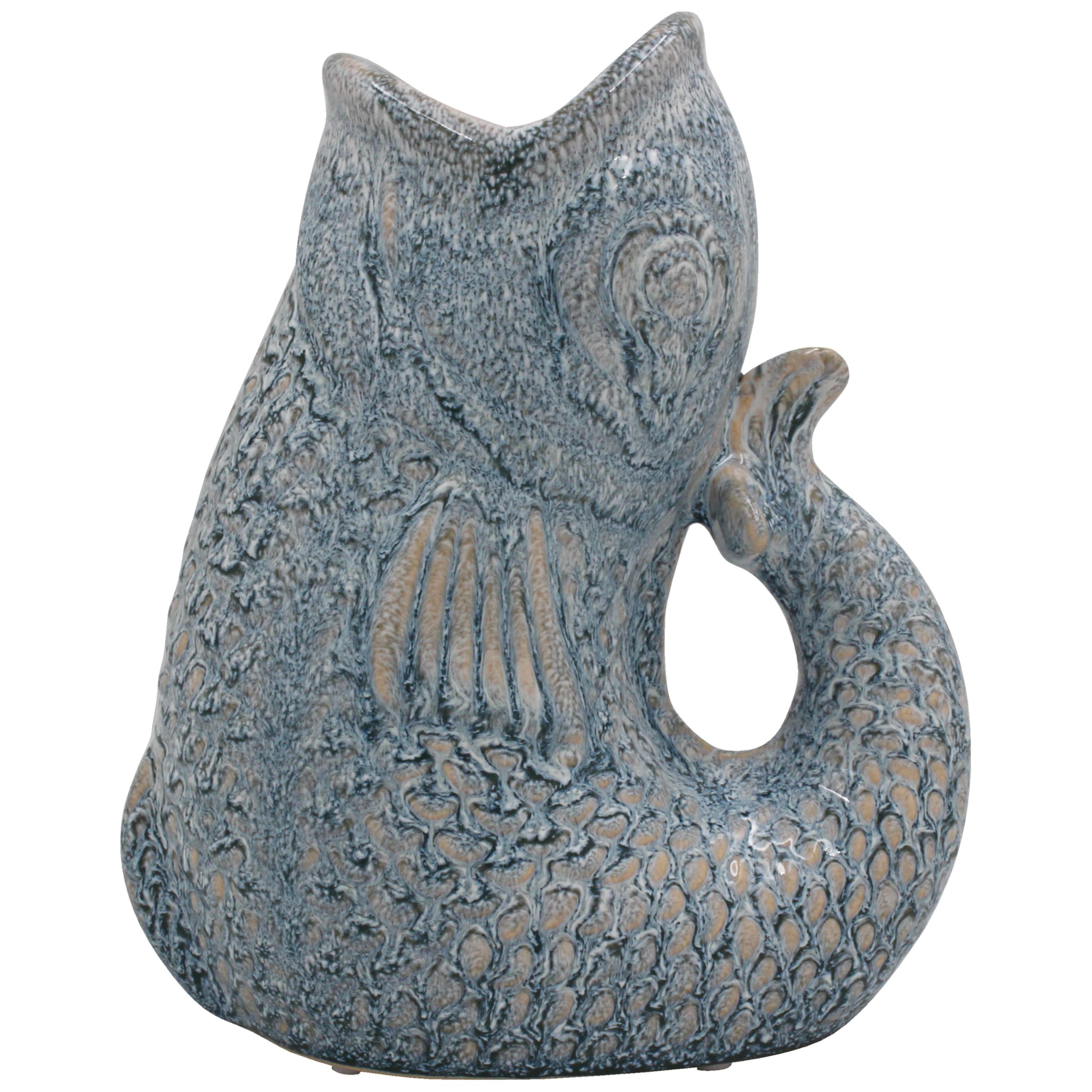 Ceramic Fish Gurgle Jug Vase Sky Blue 23cm Decorative Ornament Coastal Decor