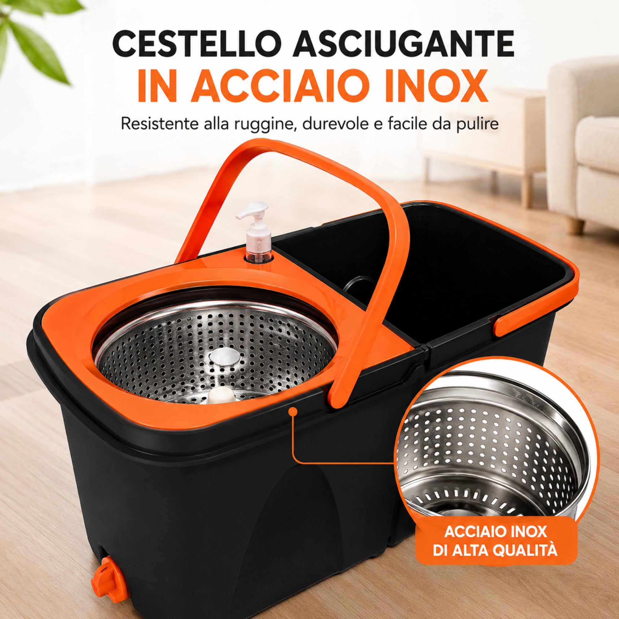 Set Mocio Lavapavimenti Rotante con DOPPIO SECCHIO Lavaggio e Asciugatura - Dispenser Incluso - Manico in Acciaio Inox - Microfibra 360° - Cestello Asciugante Inox - Sistema Salvaspazio per Pulizia