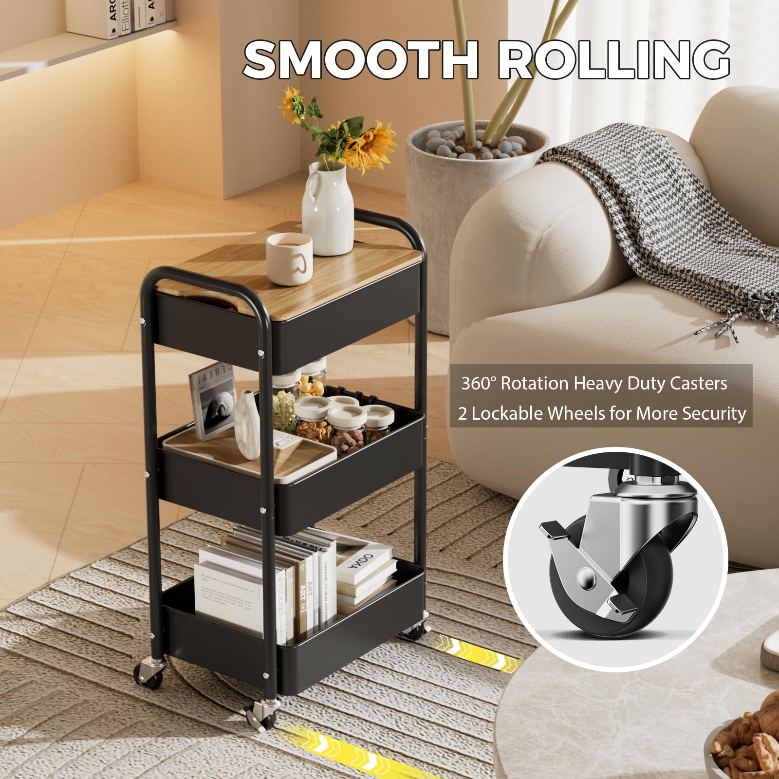 Carrito con Ruedas de 3 Niveles con Mesa, Carrito de Servir, Carrito Multiusos de Metal, Estante con Ruedas, Organizador, Estante de Cocina, Carrito Multiusos Estable para Cocina(Negro)
