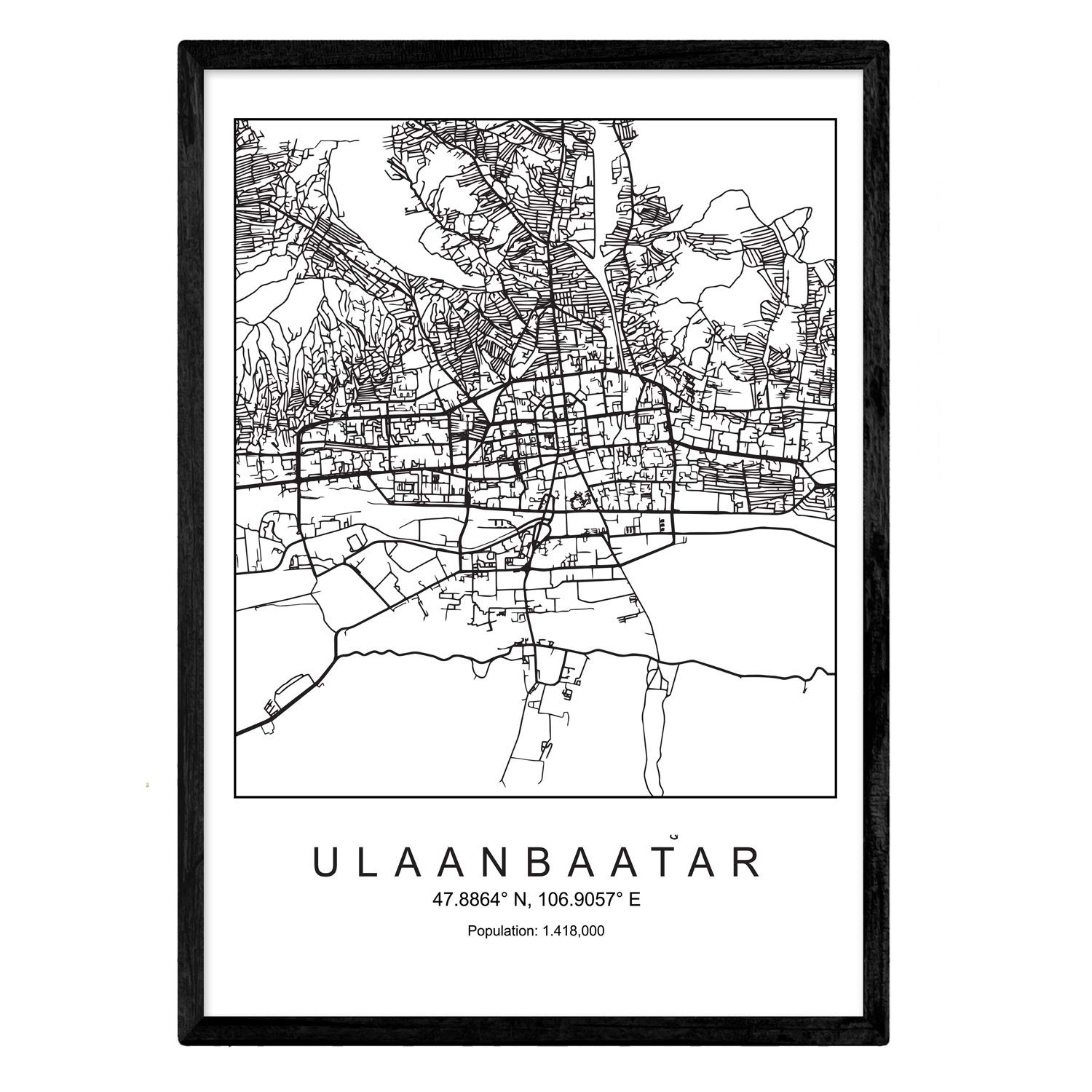 Nacnic Map of the city Ulaanbaatar Nordic style in black and white. Poster A3 Size Framed with Black Frame Printed Paper 250 gr. Pictures, sheets and posters for Salon and Bedroom — image 1