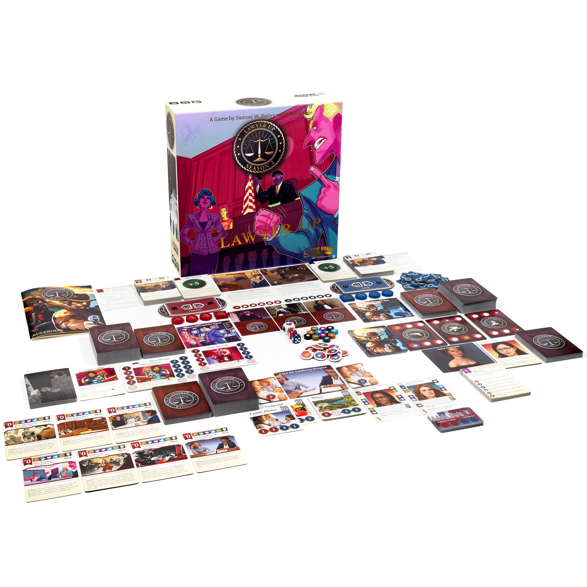 Rock Manor Games: Lawyer Up : Season 2 - Jeu de société de dessin de cartes compétitif, drame d'audience, jeu de correspondance avec les affaires juridiques, à partir de 14 ans, 1 à 2 joueurs, 60
