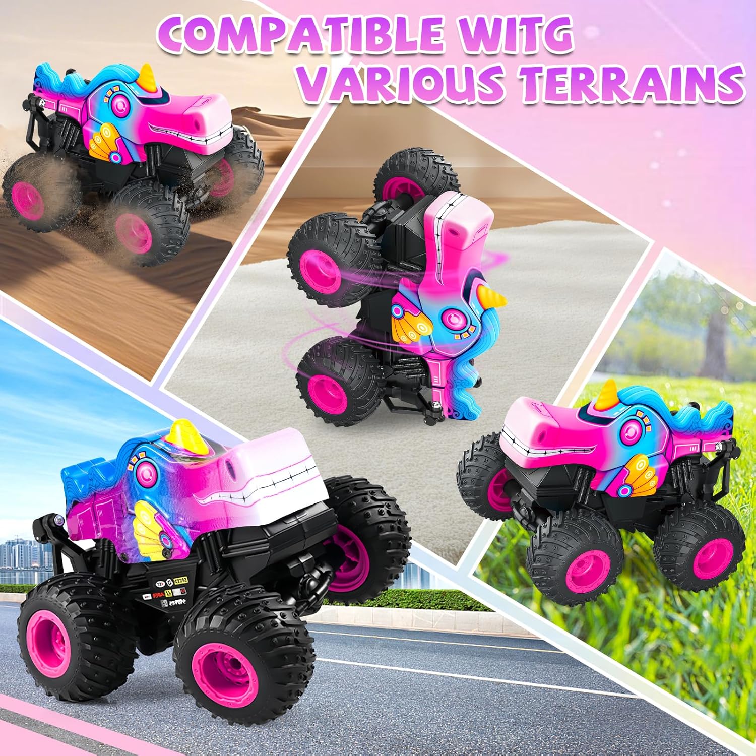 YongnKids Remote Control Car for Girls, 2.4Ghz Unicorn Monster Trucks with Light & Music,Unicorn Toys for Girls Age 3 4 5 6 7 8 Years, 360° Rotating All Terrain RC Stunt Car Rechargeable Xmas Gift - Image 5