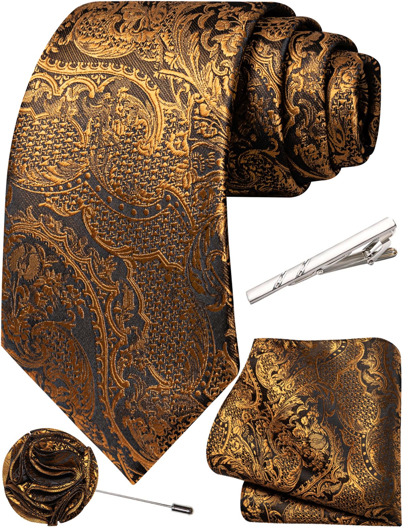 Unique Paisley Ties for Men Silk Neck Tie and Pocket Square Set with Tie Clip Lapel Pin Wedding Formal