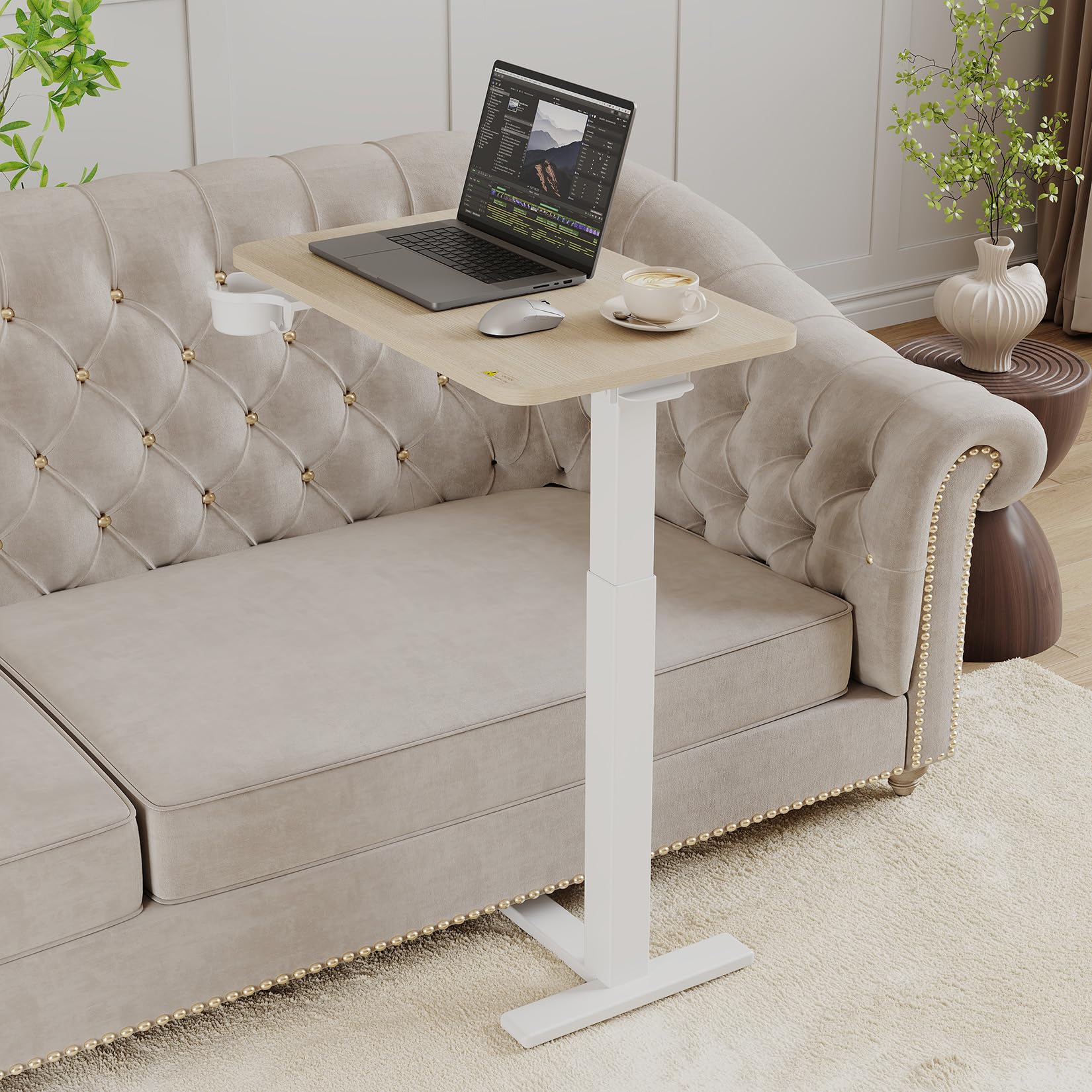 GarveeHome Tavolino Letto Regolabile Ruote Altezza Tramite Sistema Pneumatico, Vassoio TV Pieghevole, Robusto Telaio in Acciaio e Piano Legno, Mobile Per Letto, Divano, Casa o Ufficio