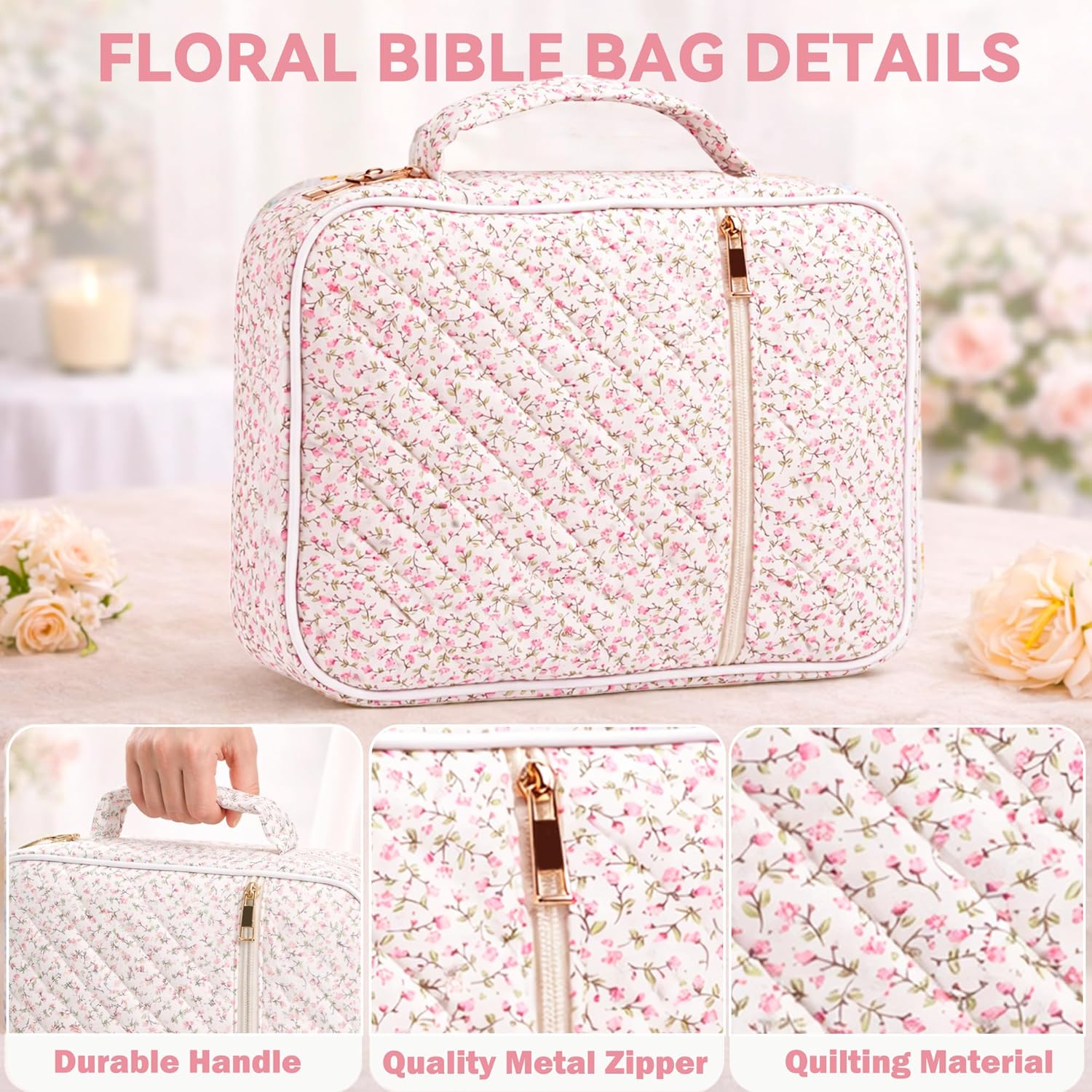 Bible Bag for Women, Bible Cover Case with Study Supplies,Large Quilted Bible Bag with Handle and Zipper, Suitable for Christian Books-Christian Gift for Girls(Small Floral Pattern)