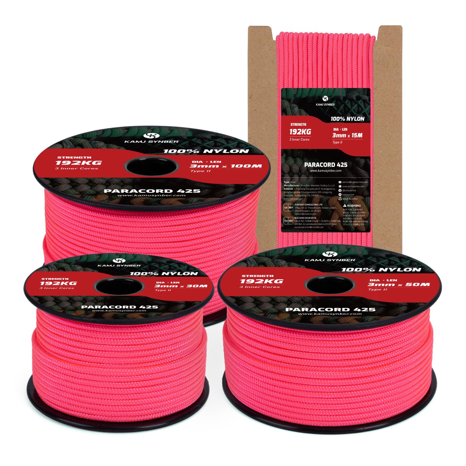 Kamu Synber 425 Paracord 3mm x 50m 100% Nylon Rope 3 Strands Parachute Cord Type II for Outdoor, Crafting, DIY | Support 192kg | Neon Pink