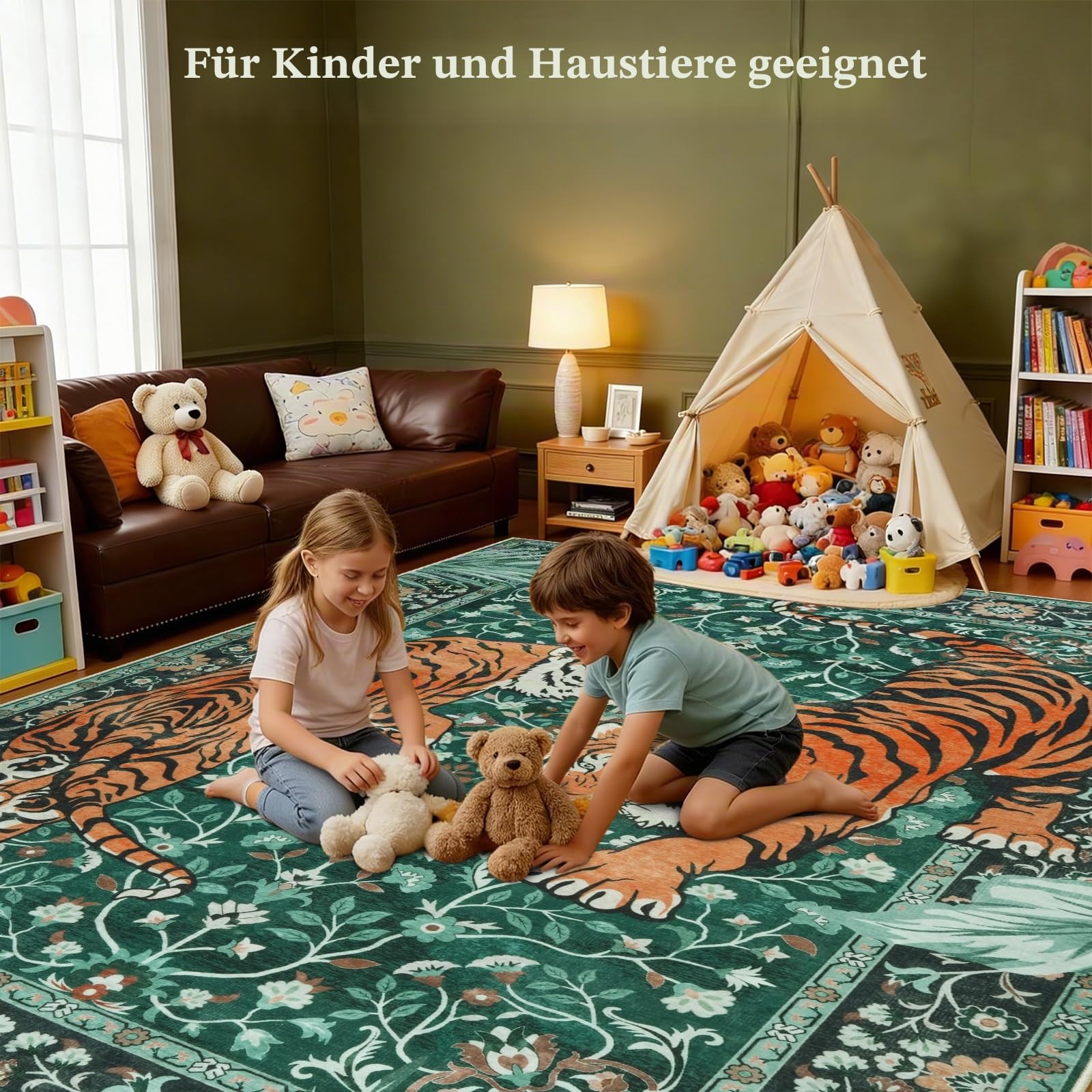 Homcomodar Teppich Wohnzimmer 160x230cm Kurzflor Teppich Groß Grün Teppiche Schlafzimmer rutschfest Teppiche Kindergarten Wohnzimmerteppich Carpet Living Room Bedroom Esszimmer Büro