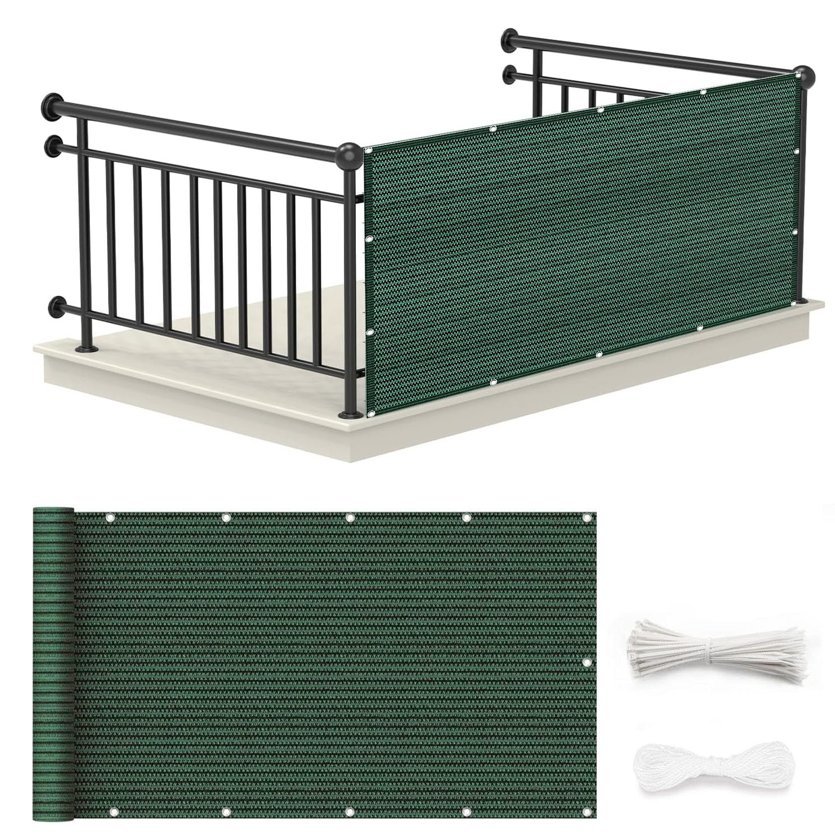 Balcon Privacidad 90 x 1000 cm HDPE Protección UV, Resistente Al Viento Malla Ocultacion Balcon con Cuerda y Bridas Balcón Exterior de Jardín, Verde Oscuro