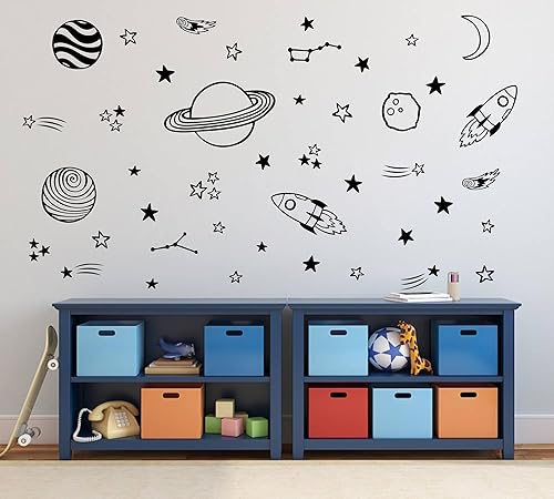 Miniatura 10 de ZzMY Calcomanías de pared espaciales, estrellas, planetas, estrellas fugaces, cohetes, decoración de guardería, arte de pared de vinilo para