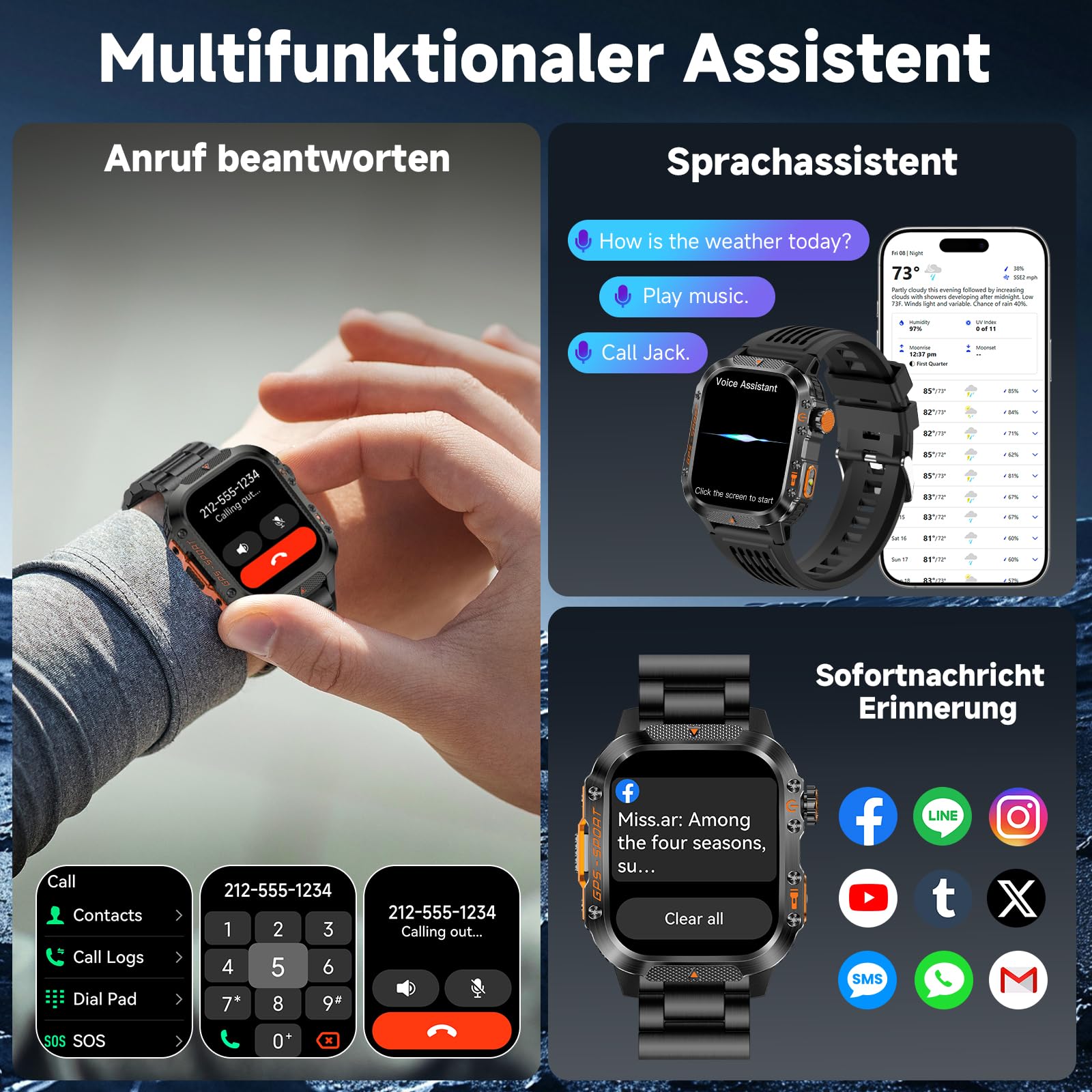 GPS Smartwatch Herren Schwarz Uhr Kompass Luftdruck Telefonfunktion Schlafmonitor Herzfrequenz Schrittzähler Sportuhr Militär Wasserdicht 2,01" Touchscreen 540mAh Akkulaufzeit (2 Uhrbänder)