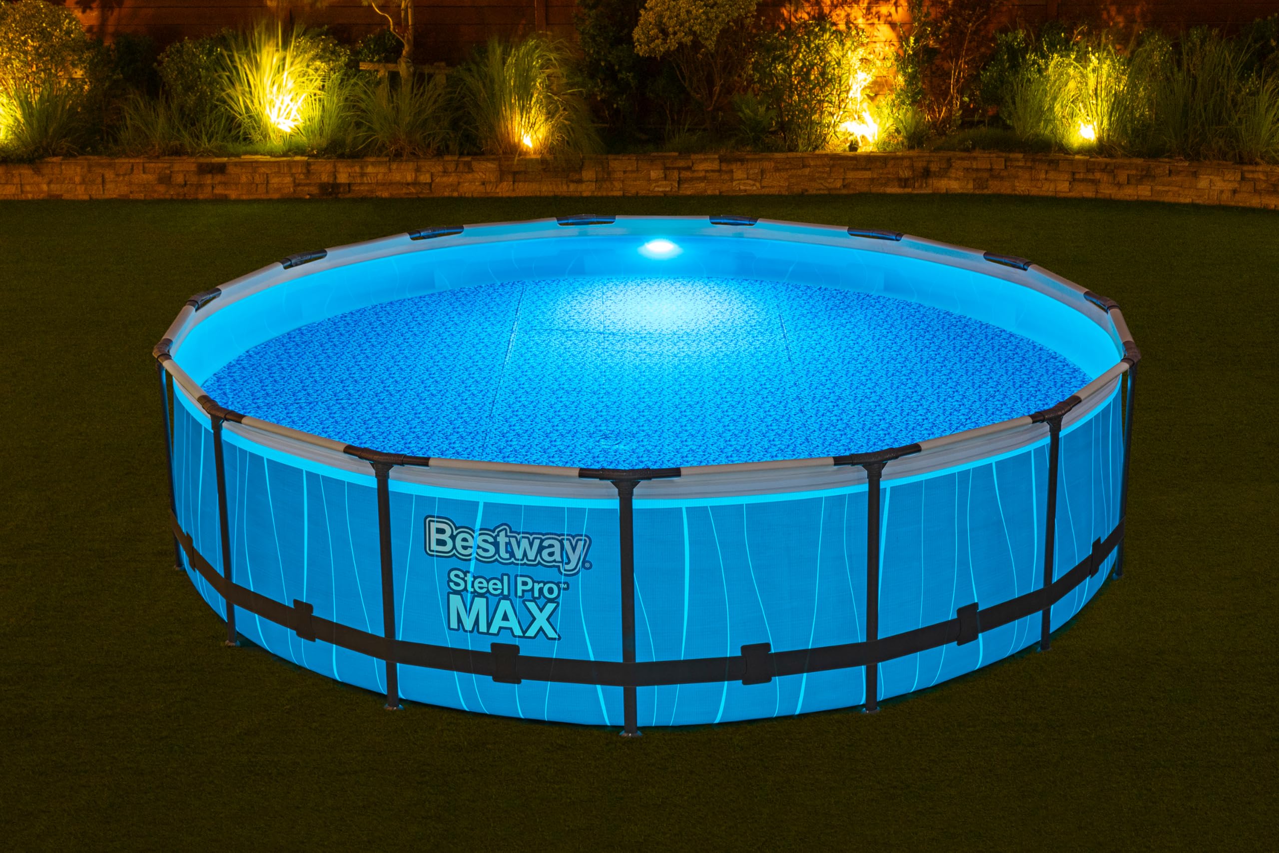 BESTWAY Steel Pro Max Rohr-Aufstellpool-Set 457 x 107 cm rund (mit Kartuschenfilter, Leiter, Abdeckung, LED-Licht)