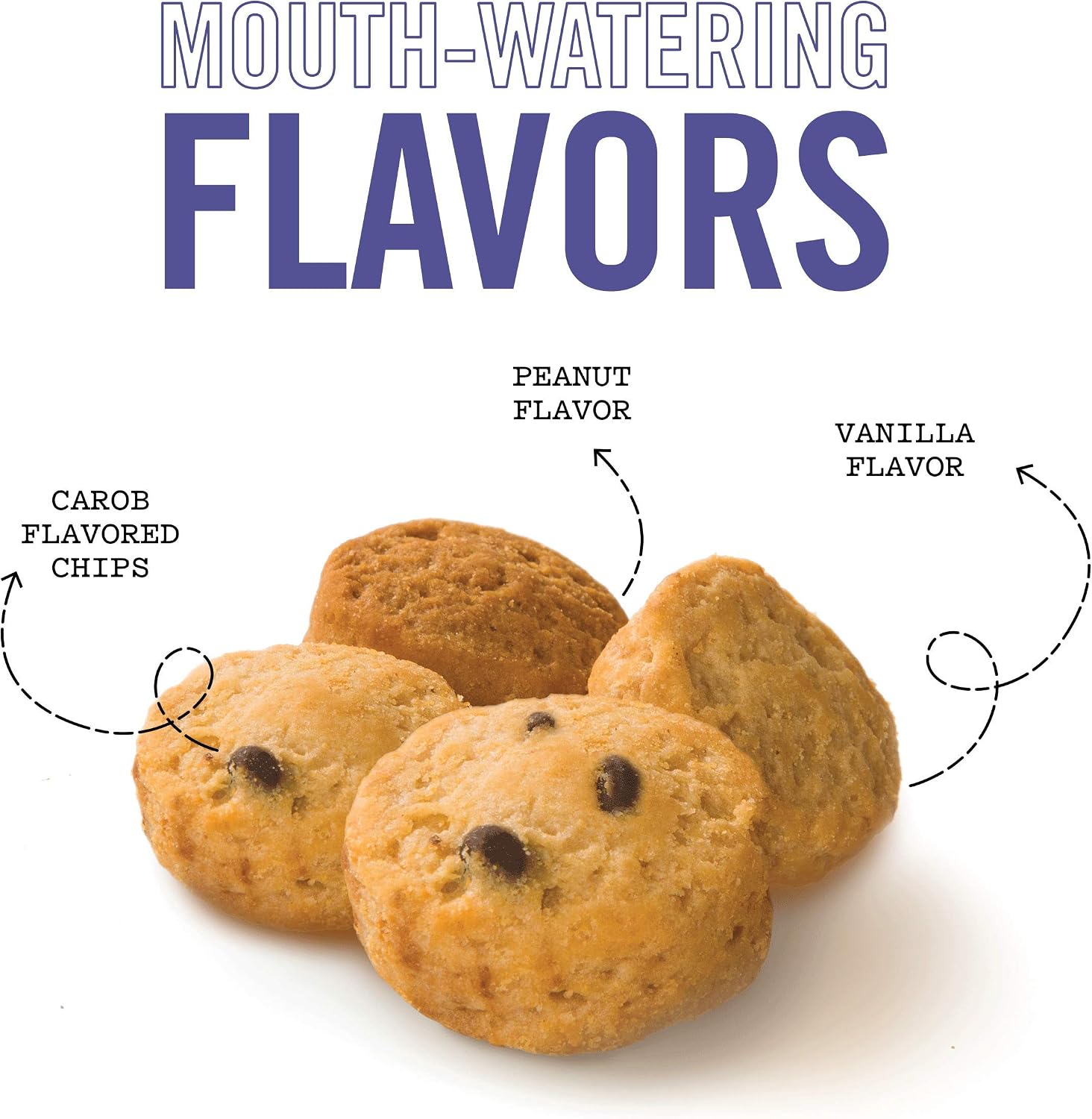 Three Dog Bakery Bitty Bites Trio Soft Baked Cookies for Dogs, Three Flavor Pack; Carob Chip, Peanut, and Vanilla, 13 Ounce Box