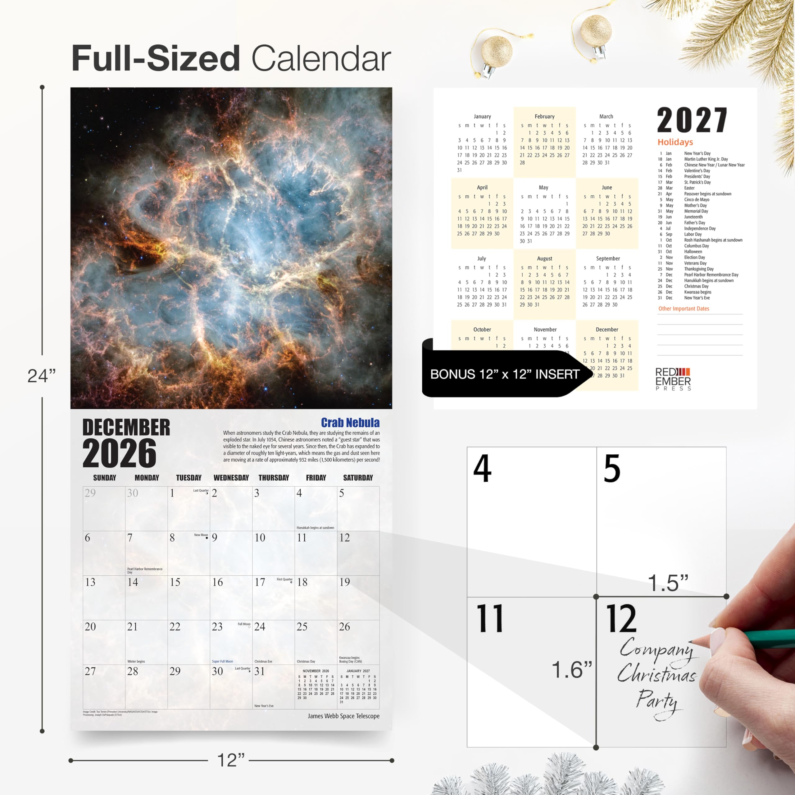 RED EMBER James Webb Space Telescope - Calendario de pared 2026 de 12 meses, abierto de 12 x 24 pulgadas, papel grueso y resistente, para regalo, calendario 2026