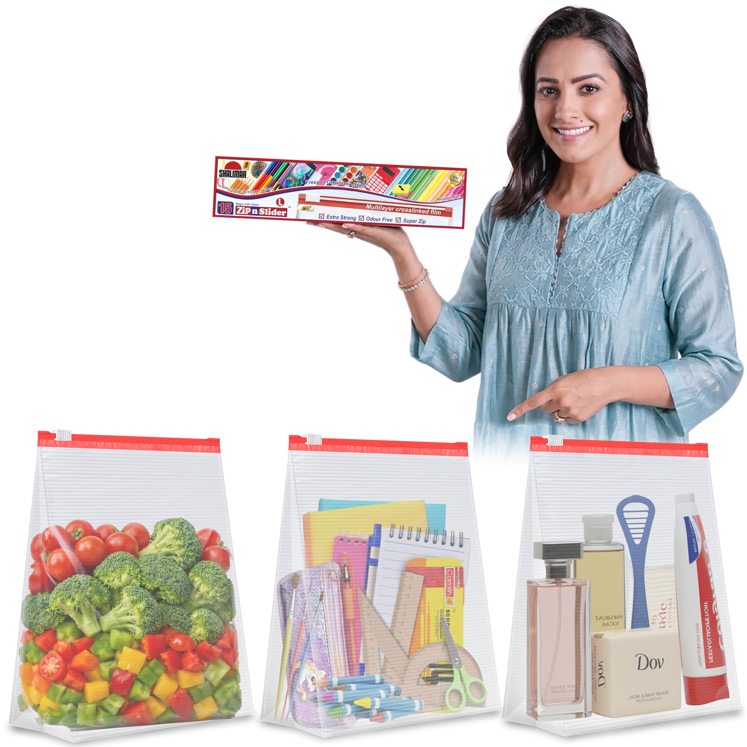 Shalimar Zip 'N' Slider Bags | Large 30.5 cm X 35.5 cm | Pack of 45 Bags | Ziplock/Vegetable/Fruit/Fridge/Multi-Purpose Storage Bag | Reusable & Reclosable with Slider Lock | Color – Natural