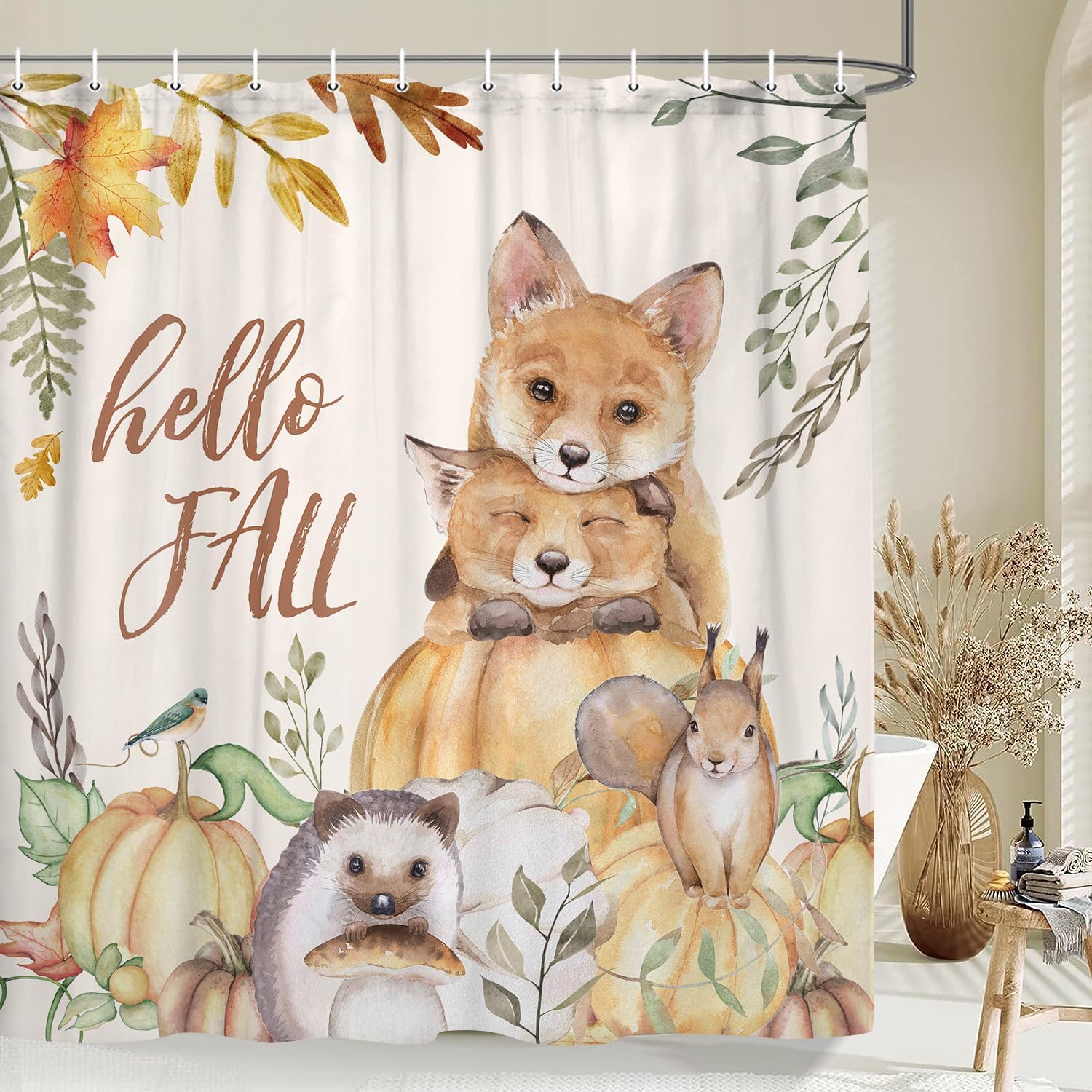 Fall Animal Shower Curtain, Autumn Animals Fox Hedgehog Squirrel Maple Tree Leaves Pumpkins Mushroom Waterproof Fabric Shower Curtain, Rustic Animal Bathroom Shower Curtain with 12PCS Hooks, 70X70IN Fall-animal 70"W x 70"L (Pack of 1)