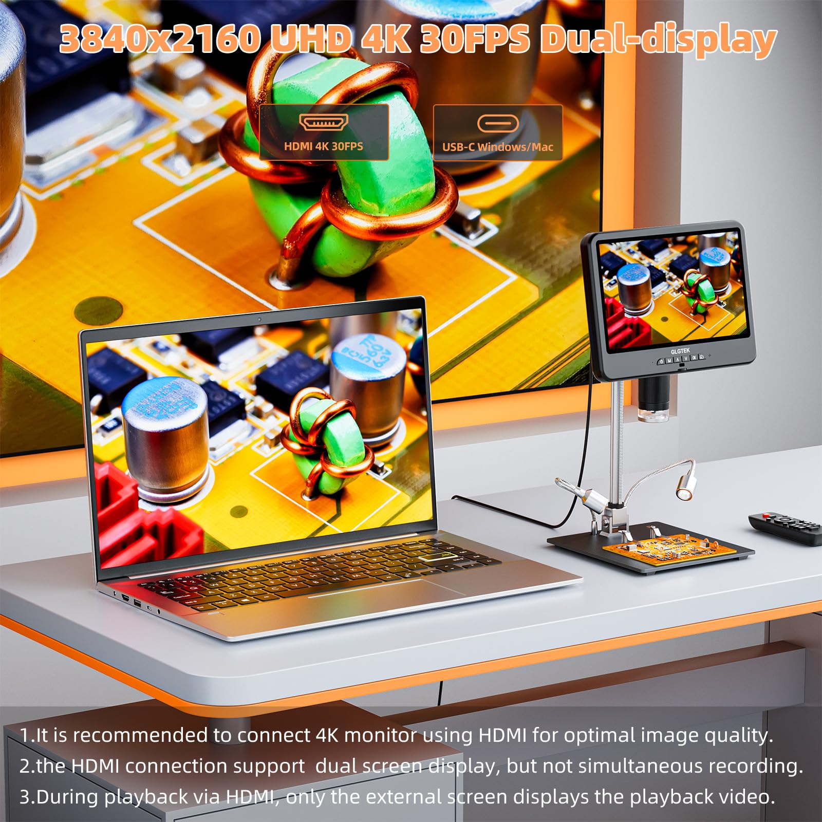 GLG208SE - Microscopio digital HDMI 4K 30FPS 1500X con micrófono para reparación electrónica, pantalla dual de 10.1 pulgadas, audio de video UHD 3840P para soldadura PCB, microscopio de monedas, vista