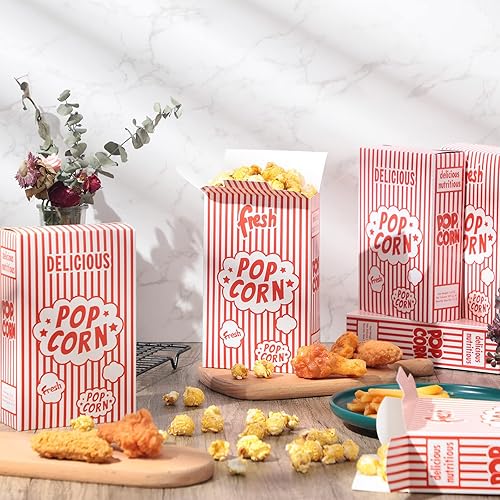 Miniatura 5 de Potchen 200 cajas de palomitas de maíz, contenedor de palomitas de maíz con rayas rojas y blancas de 1.25 onzas para fiestas de cine y suministros