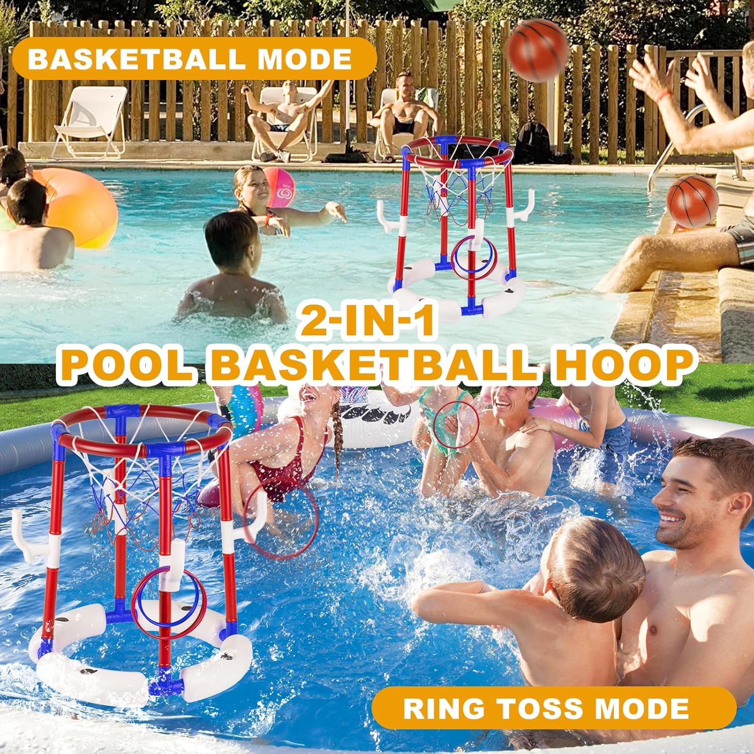 Taotuo Red Floating Pool Basketball Hoop, 2-in-1 Basketball & Ring Toss Game with 4 Balls, 6 Rings&Pump, Summer Pool Toys Outdoor Water Fun Family Party for Age 3-12