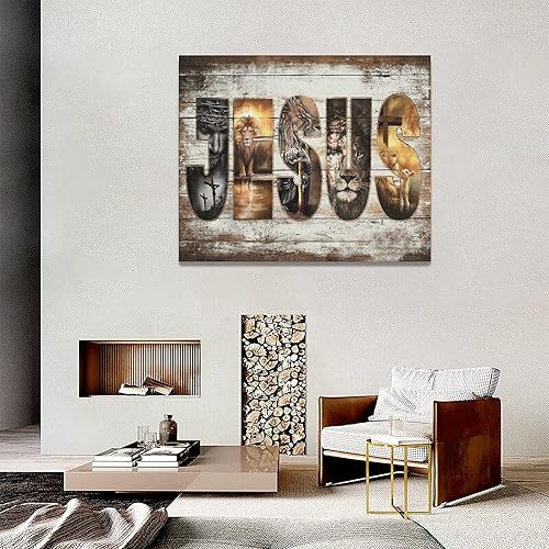 Vista 14 de Póster en lienzo con imágenes de Jesús, león y cordero, impresión en lienzo con texto en inglés "God Bible Christian Religios" para pared, pintura