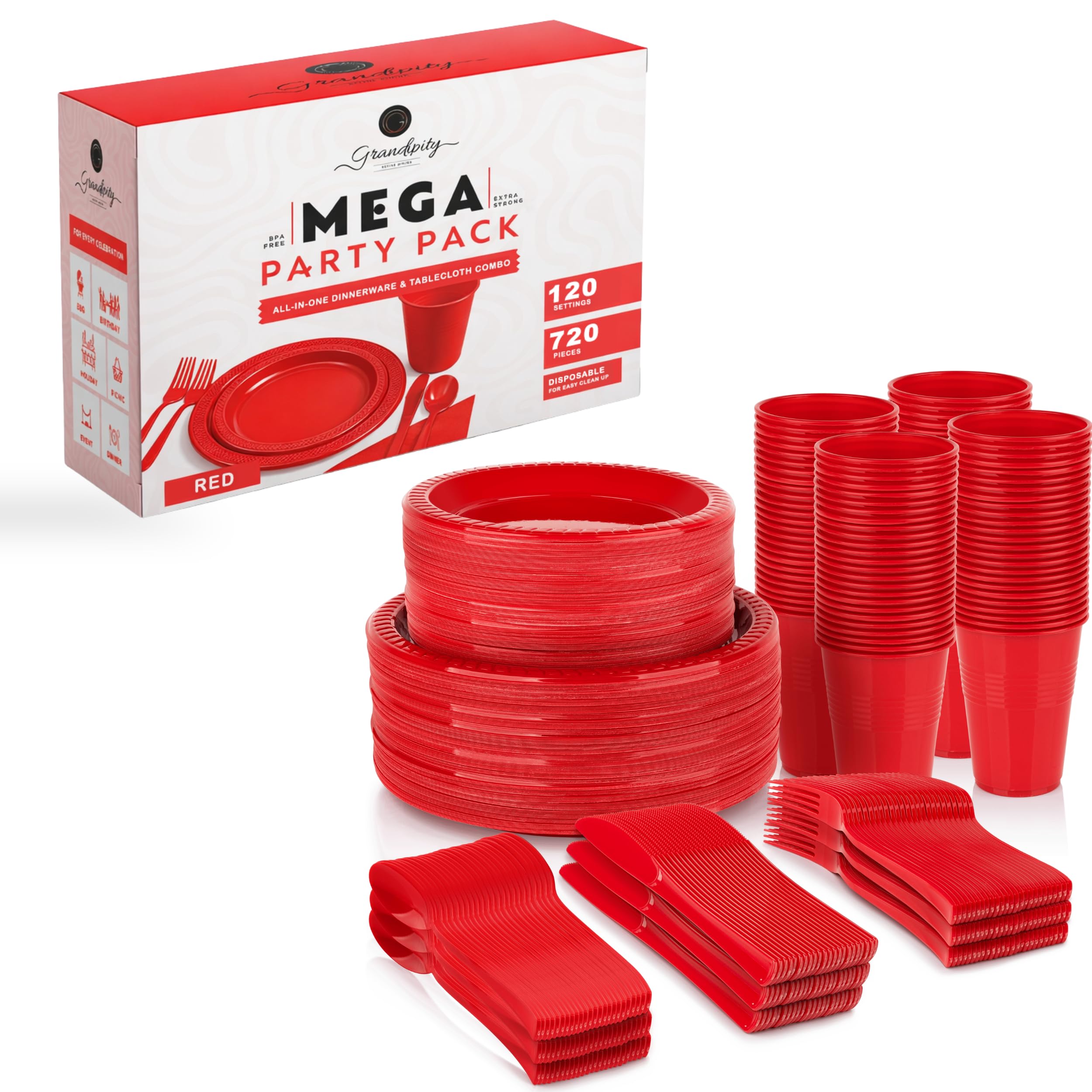 720 Piece Red Disposable Dinnerware Set (120 Guests) Plastic Dinnerware Set Disposable - 120 Count, 9" Dinner Plates, 7" Dessert Plates, 12oz Cups,
