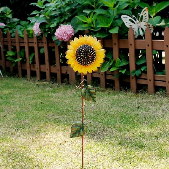 Attraction Design Flower Garden Stake Decorative Flower Yard Stake, Sunflower Decor Metal Yard Art Decor Outdoor Garden Decoration for Patio Porch Lawn Pathway Backyard, 5.5 W x 1 D x 21.5 H