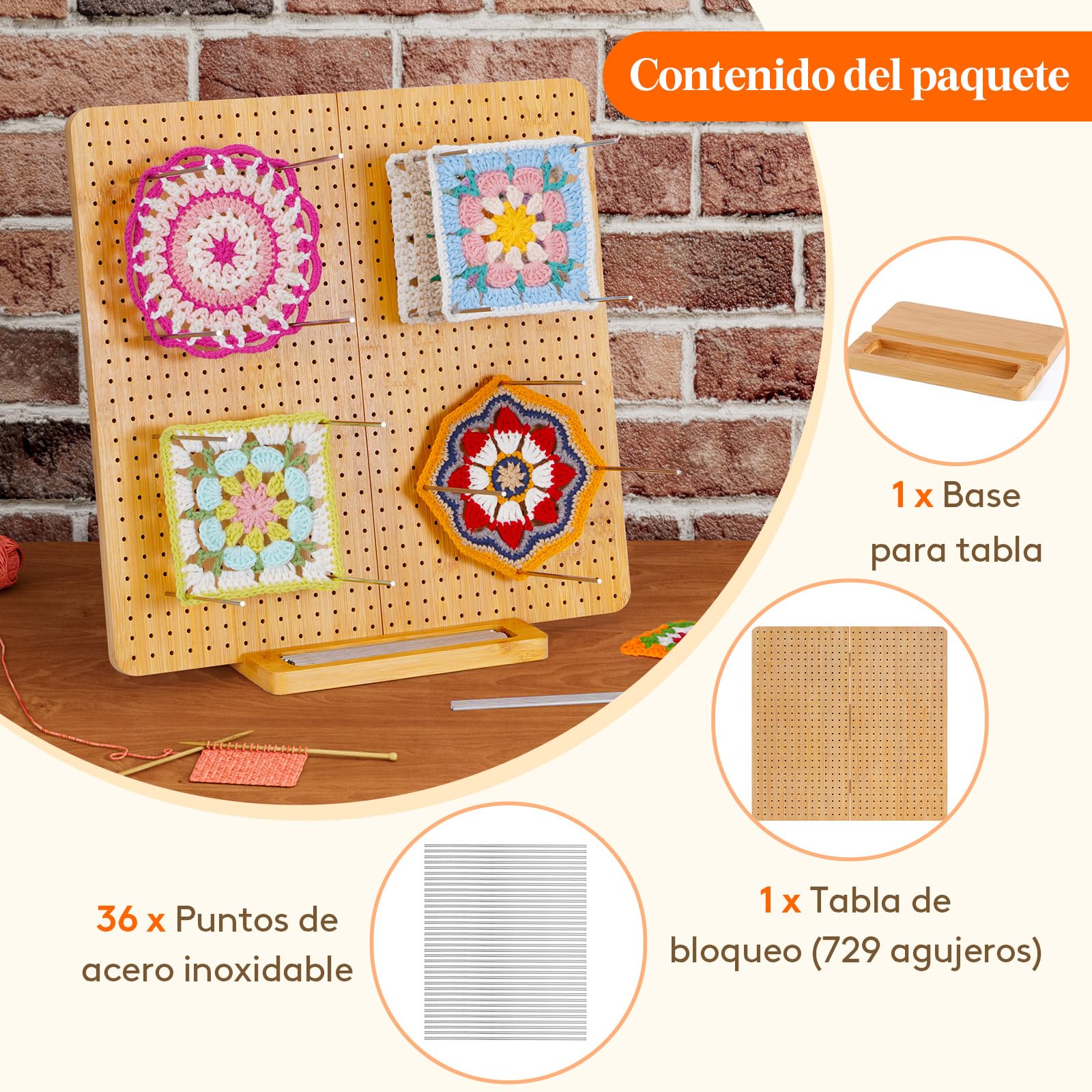 Lifewit 36,6 cm Bloqueador de Granny Square con 36 Pines, Tabla Bloqueo de Bambú para Crochet Blocking, Almohadilla de Bloqueo para Tejer, Accesorios Kit Regalos para Máquina Ganchillo Ganchillo