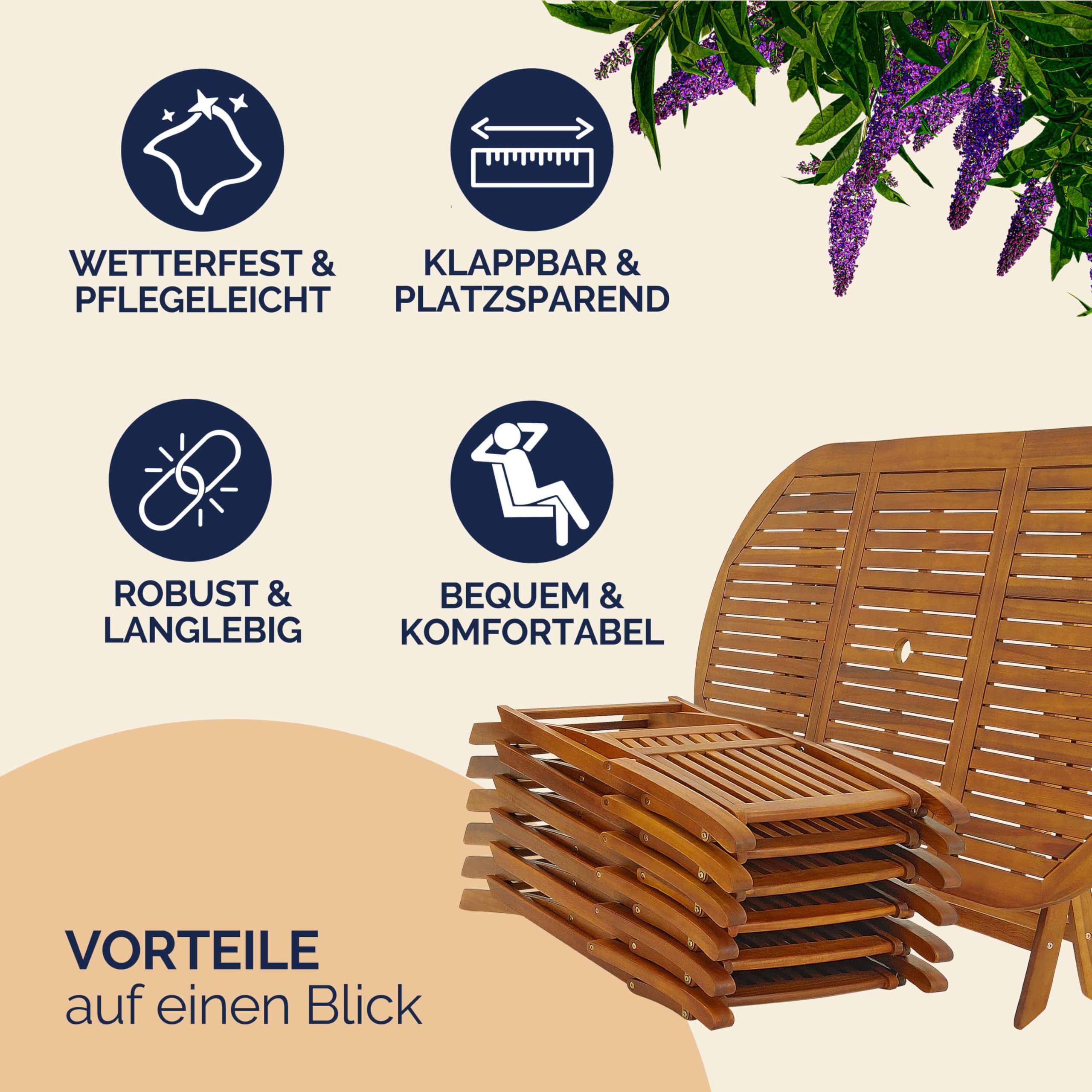 Casaria® Gartenmöbel Set Holz Wetterfest Klappbar 7-TLG. Schirmständer Armlehnen Garten Balkon Terrasse 160x85cm Akazie Braun